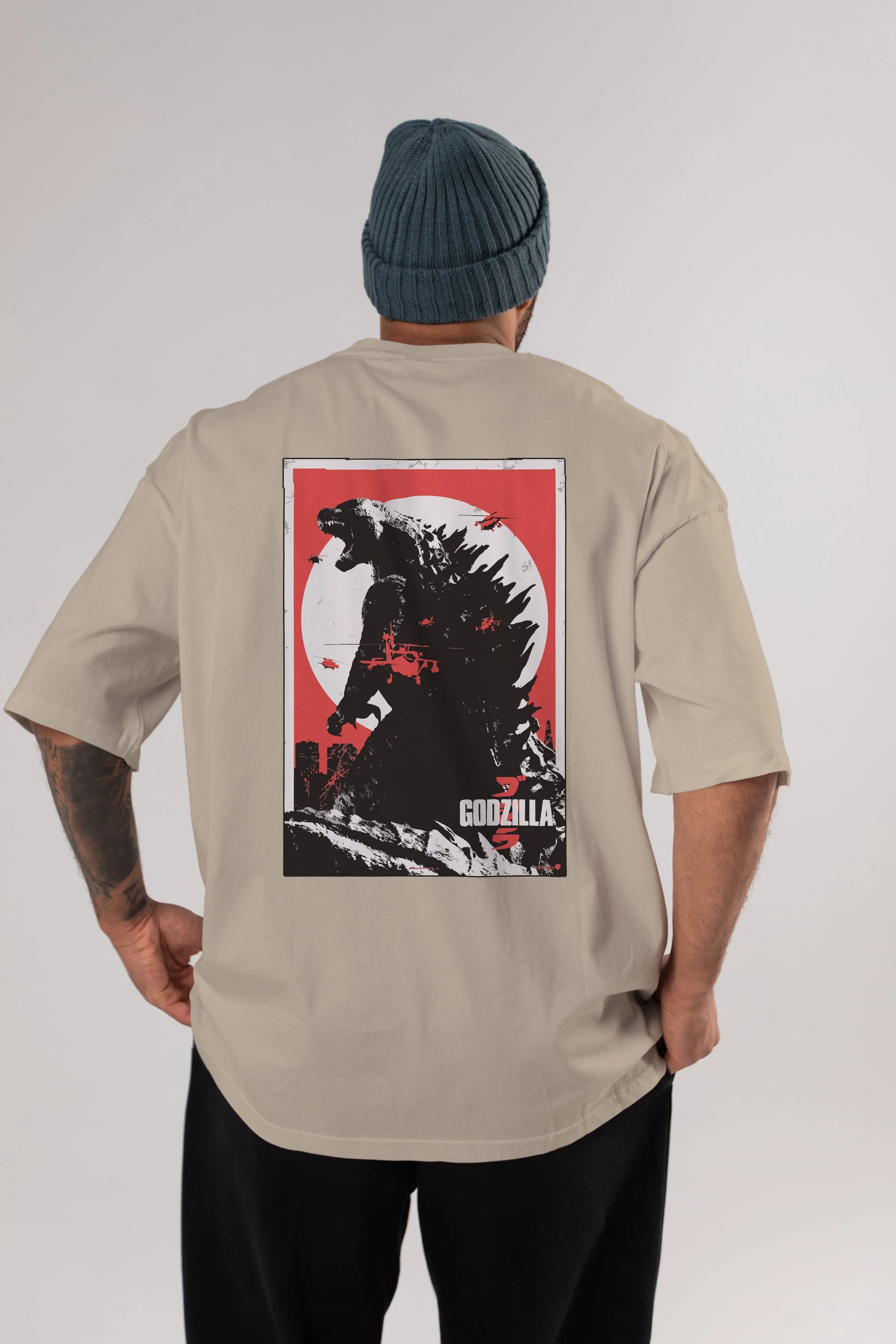 Godzilla (2) Arka Baskılı Oversize t-shirt Erkek Kadın Unisex %100 Pamuk Bisiklet Yaka tişort