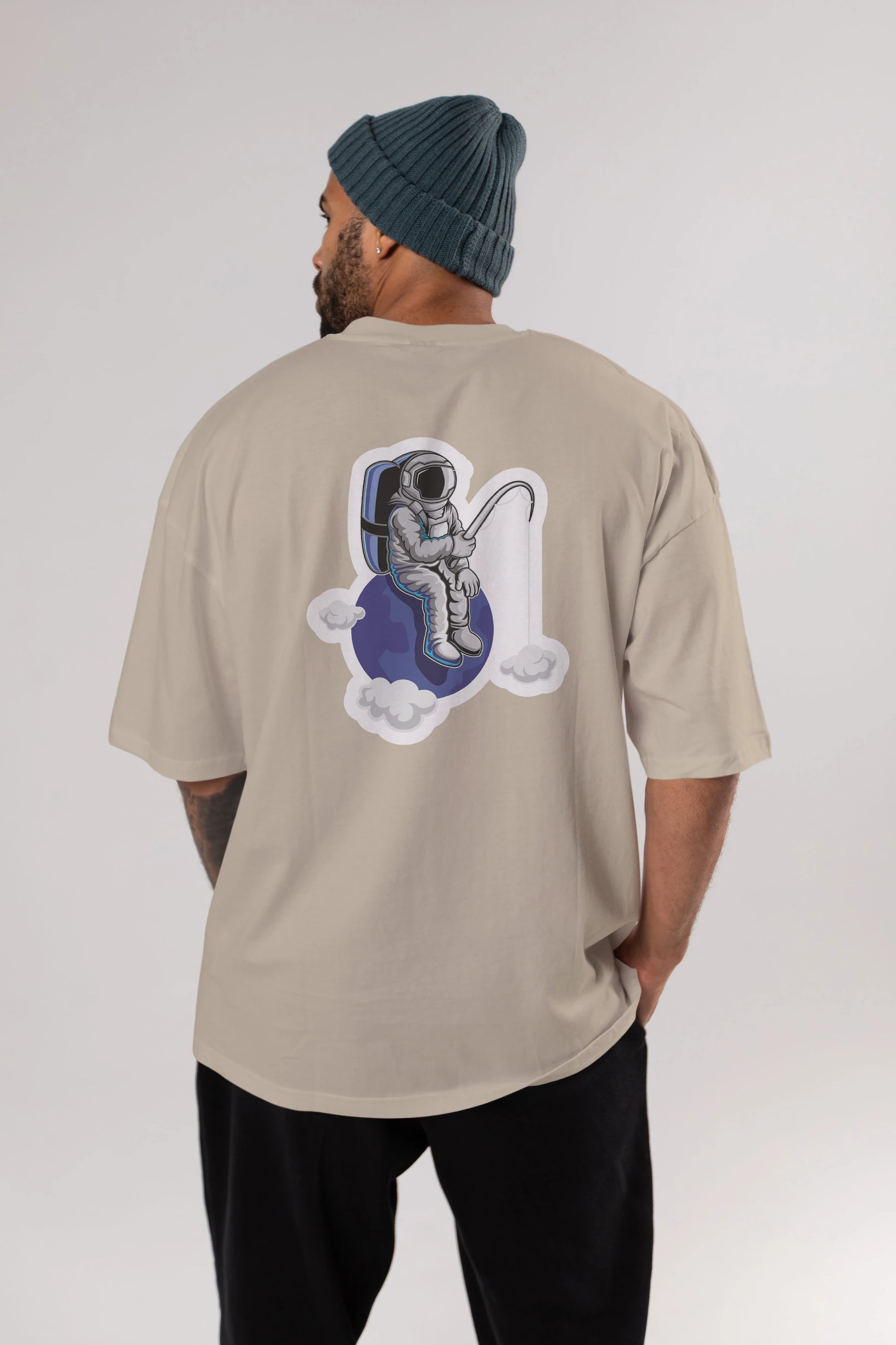 Astronaut Fishing Sticker Arka Baskılı Oversize t-shirt Erkek Kadın Unisex