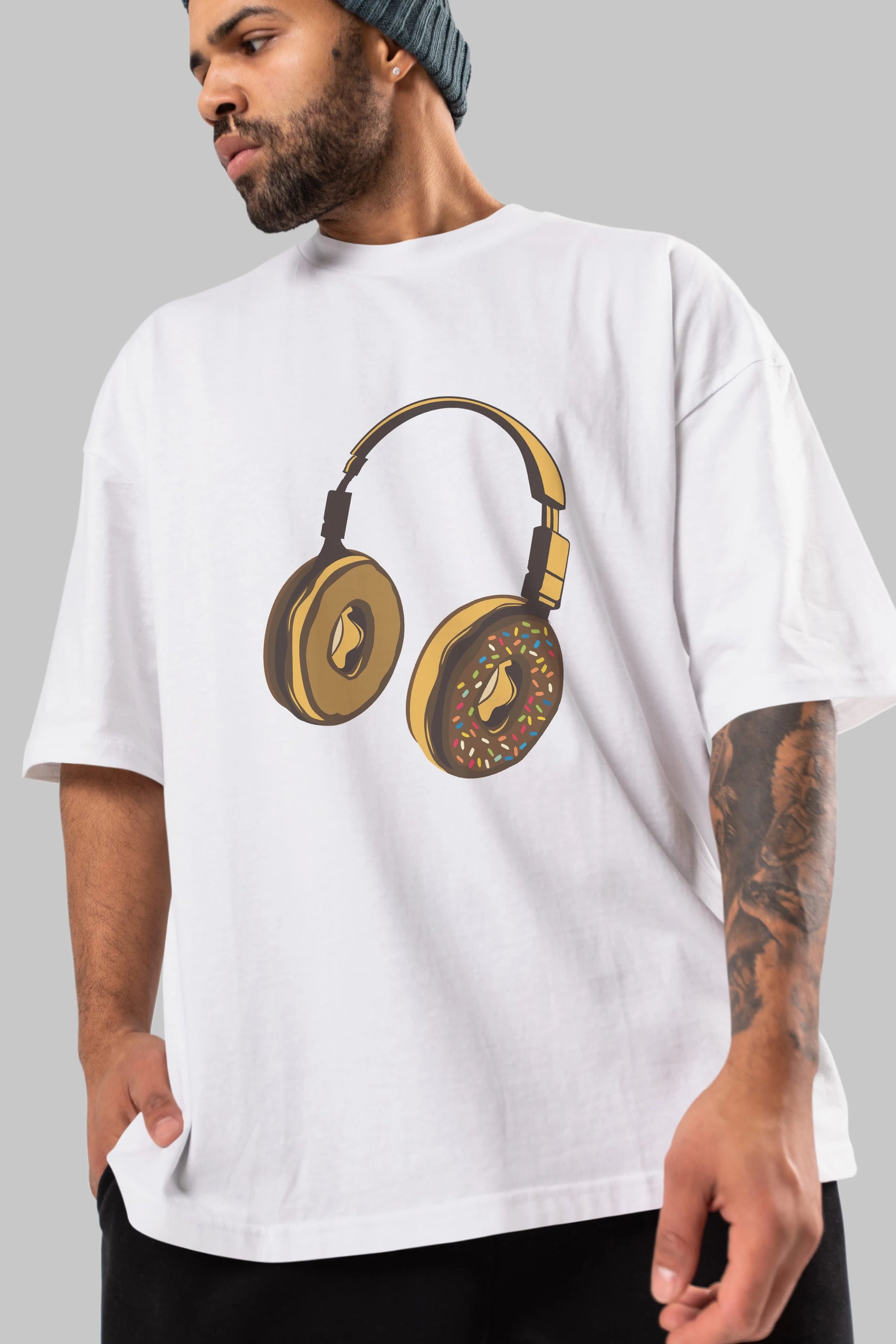 Headphone Donut Ön Baskılı Oversize t-shirt %100 pamuk Erkek Kadın Unisex