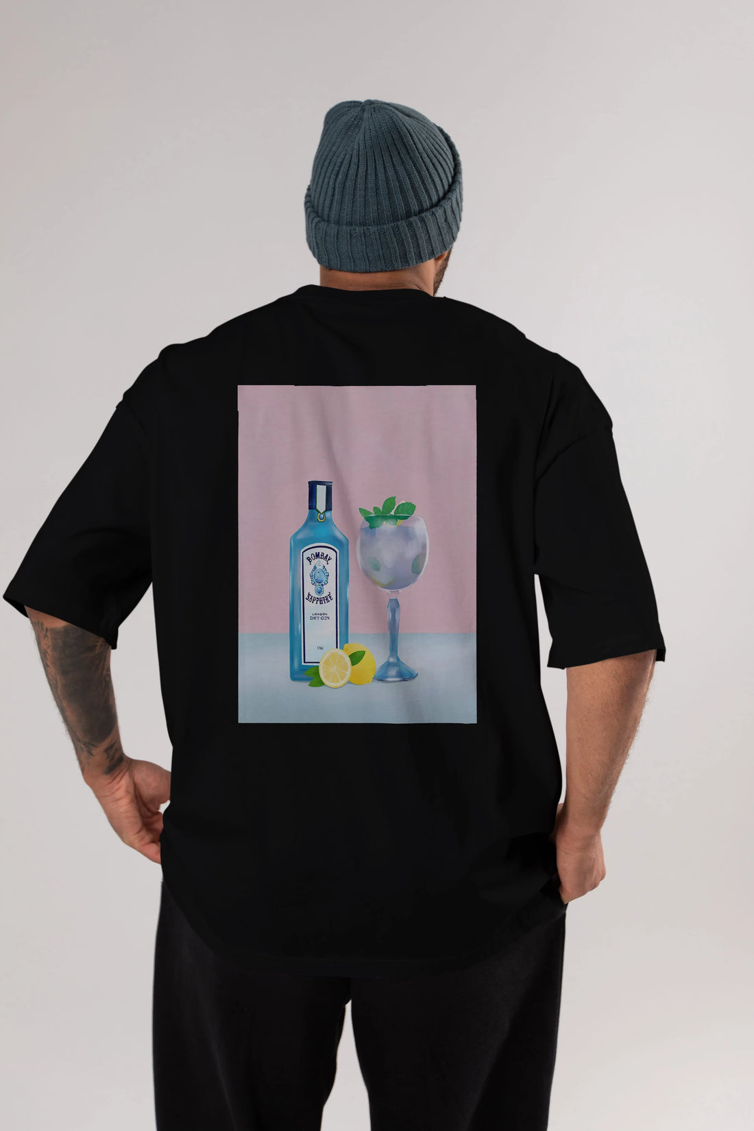 Bombay Sapphire Dry Gin Arka Baskılı Oversize t-shirt Erkek Kadın Unisex %100 Pamuk Bisiklet Yaka tişort