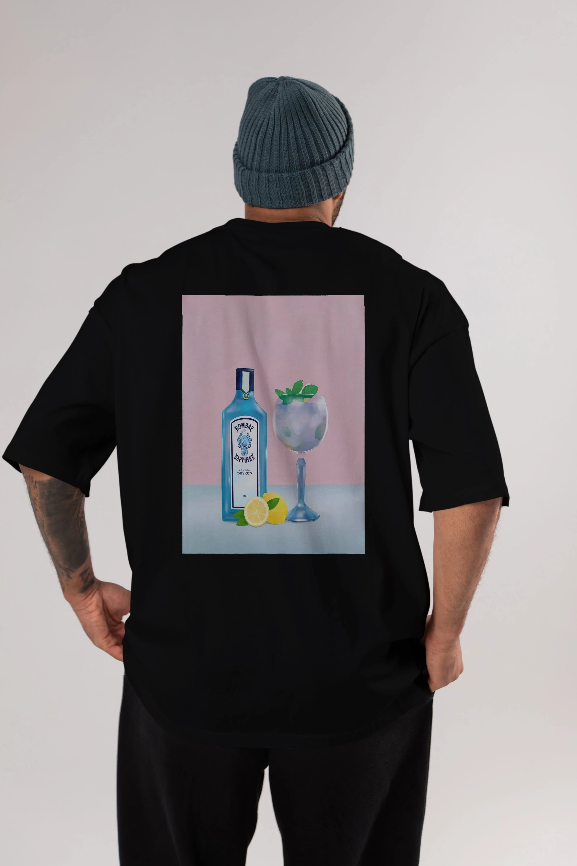 Bombay Sapphire Dry Gin Arka Baskılı Oversize t-shirt Erkek Kadın Unisex %100 Pamuk Bisiklet Yaka tişort