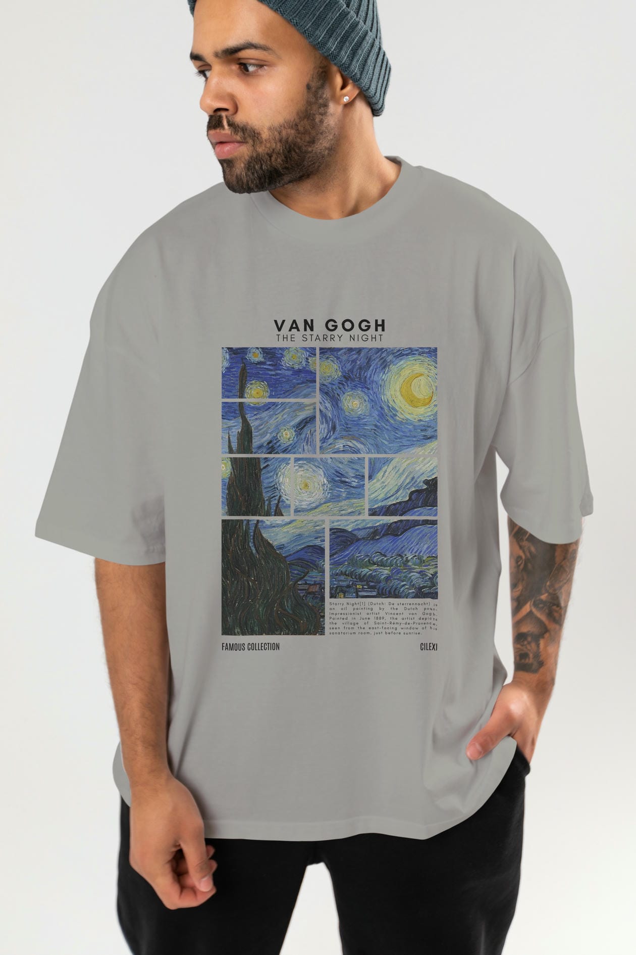 Van Gogh The Starry Night ön Baskılı Oversize t-shirt Erkek Kadın Bisiklet Yaka Pamuk tişort