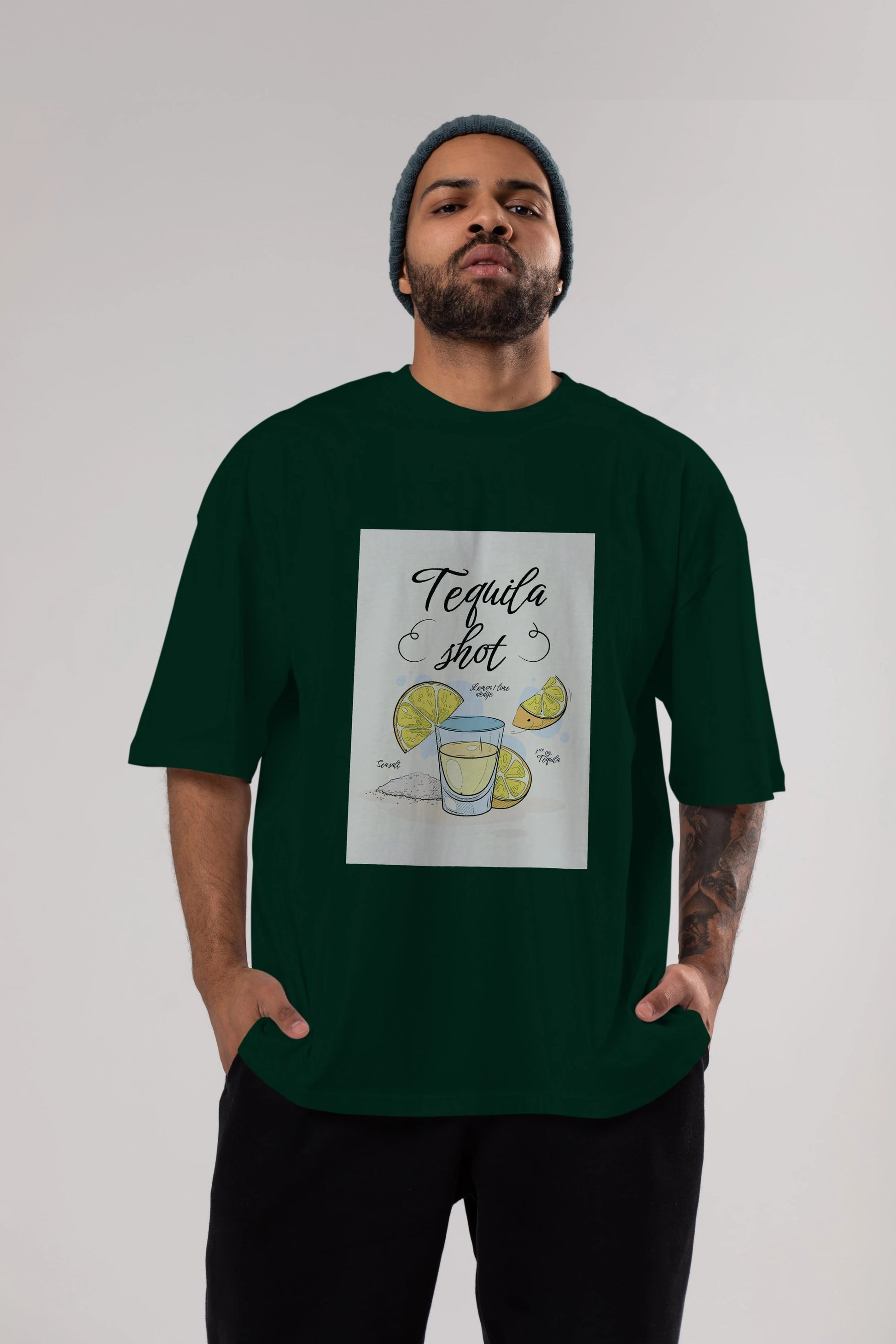 Tequila Shot Ön Baskılı Oversize t-shirt Erkek Kadın Unisex %100 Pamuk Bisiklet Yaka tişort