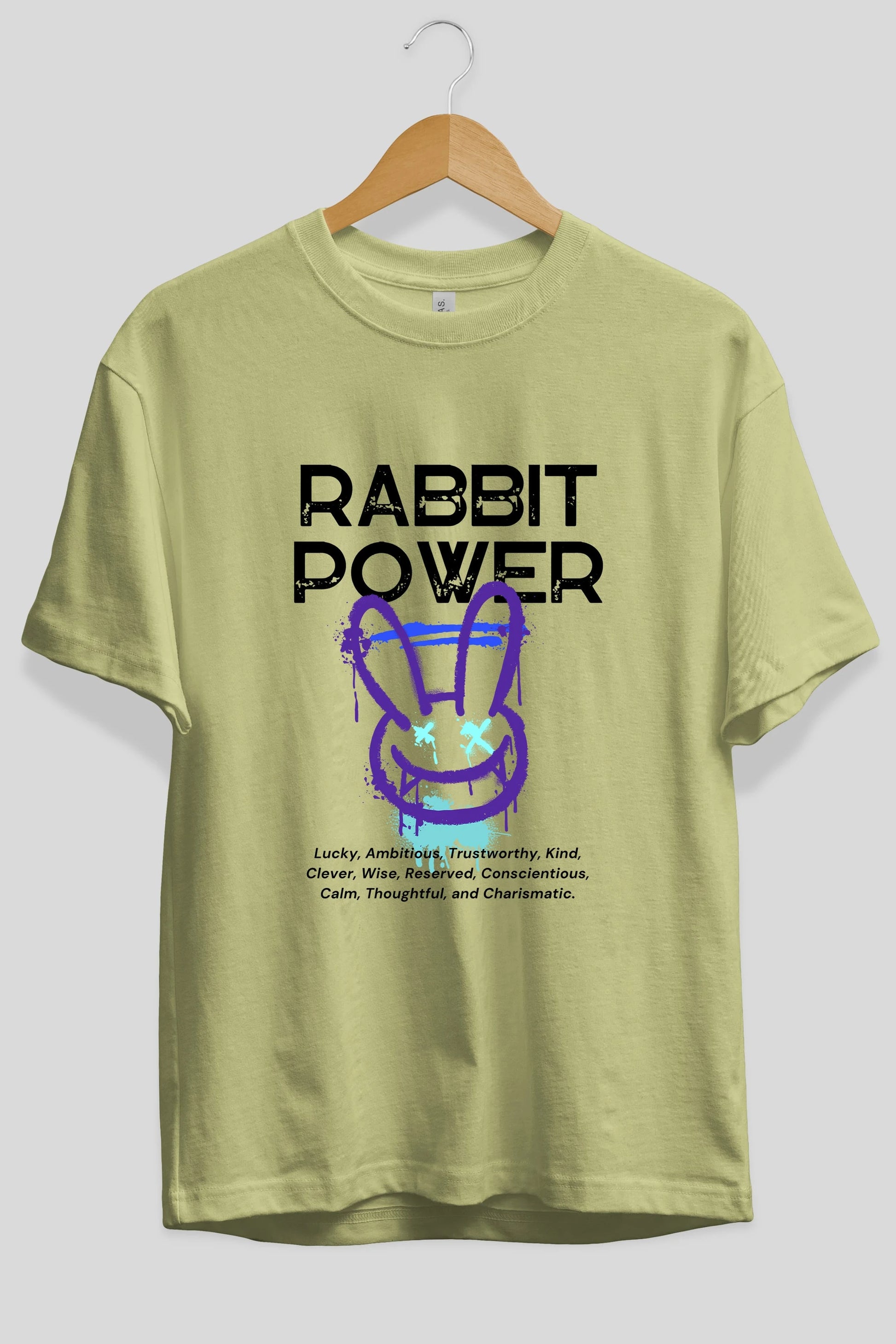 Rabbit Power Yazılı Ön Baskılı Oversize t-shirt Erkek Kadın Unisex