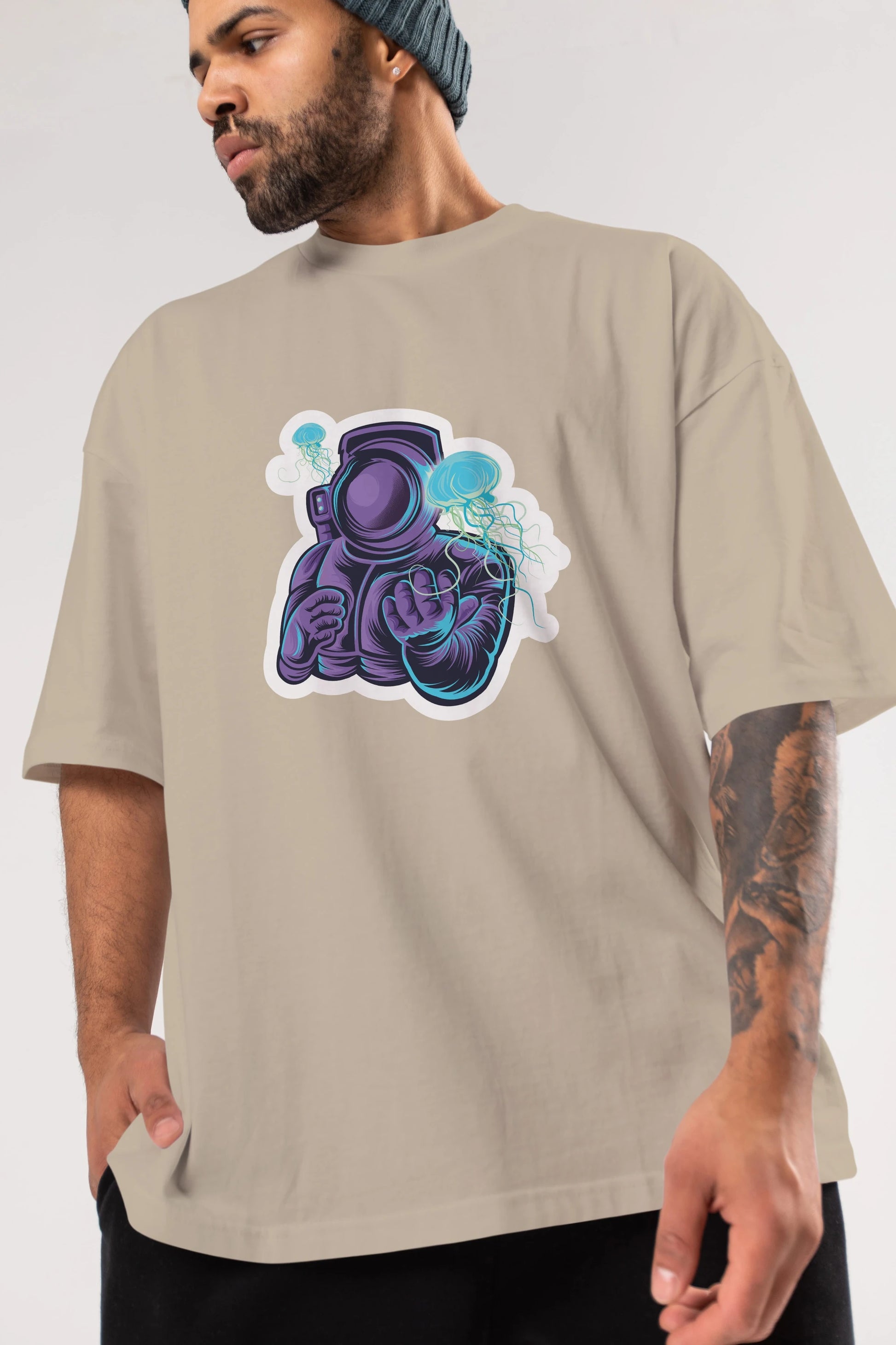 Astronaut and Jellyfish Sticker Ön Baskılı Oversize t-shirt Erkek Kadın Unisex