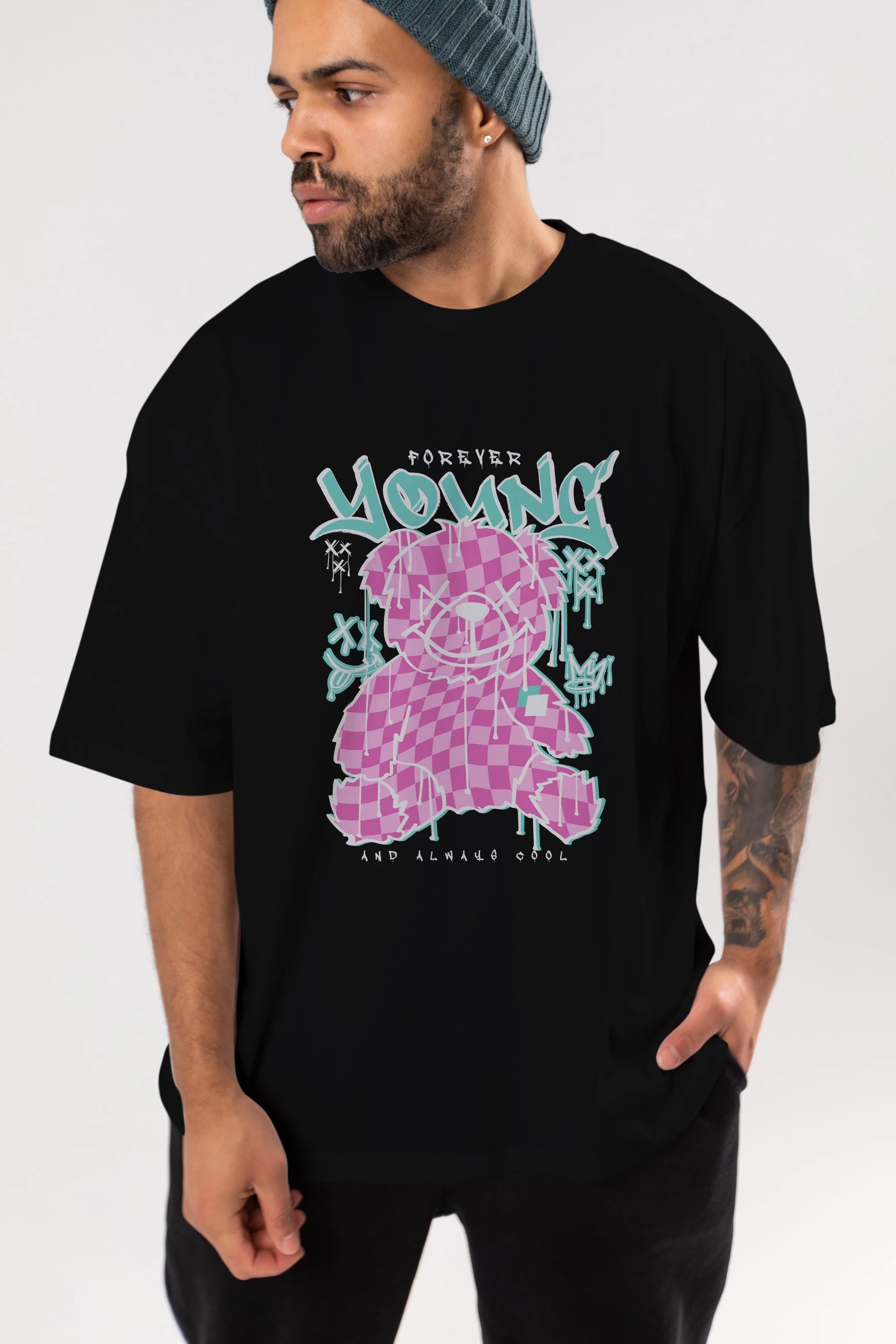 Young and Always Cool Bear Ön Baskılı Oversize t-shirt Erkek Kadın Unisex