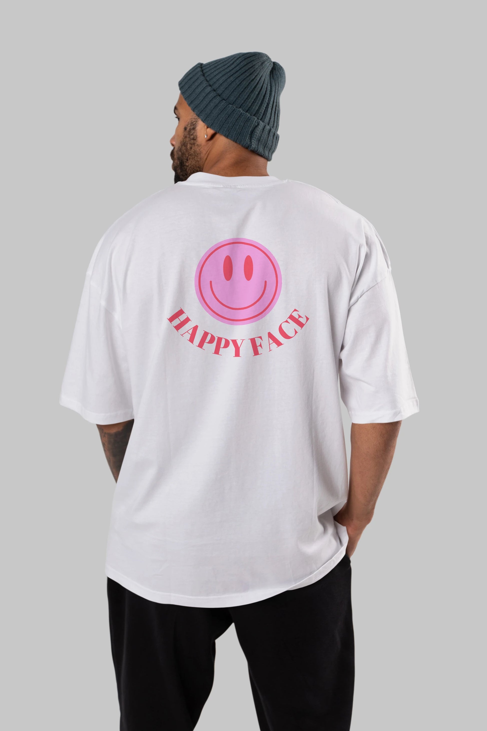 Happy Face Yazılı Arka Baskılı Oversize t-shirt Erkek Kadın Unisex