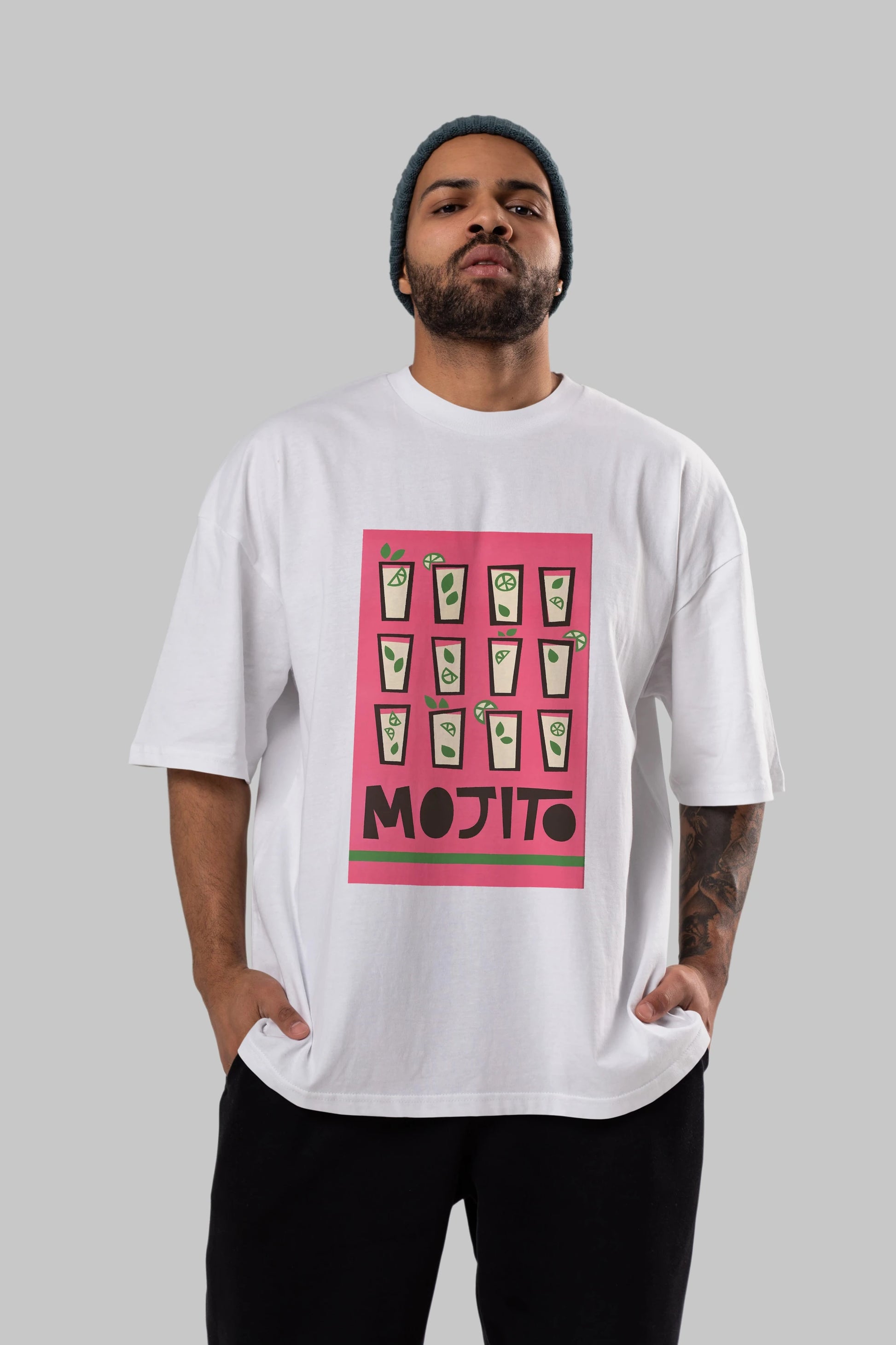 Mojito Ön Baskılı Oversize t-shirt Erkek Kadın Unisex %100 Pamuk Bisiklet Yaka tişort