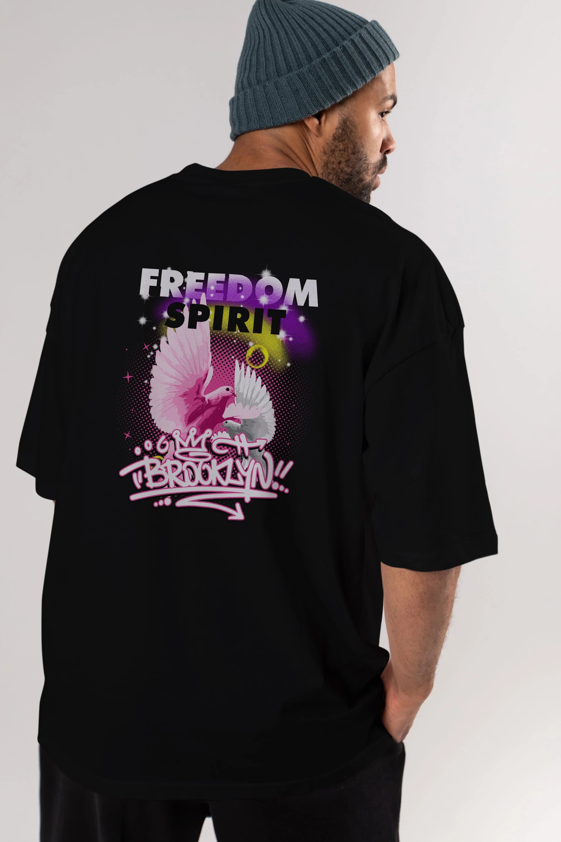 Freedom Spirit Brooklyn Arka Baskılı Oversize t-shirt Erkek Kadın Unisex