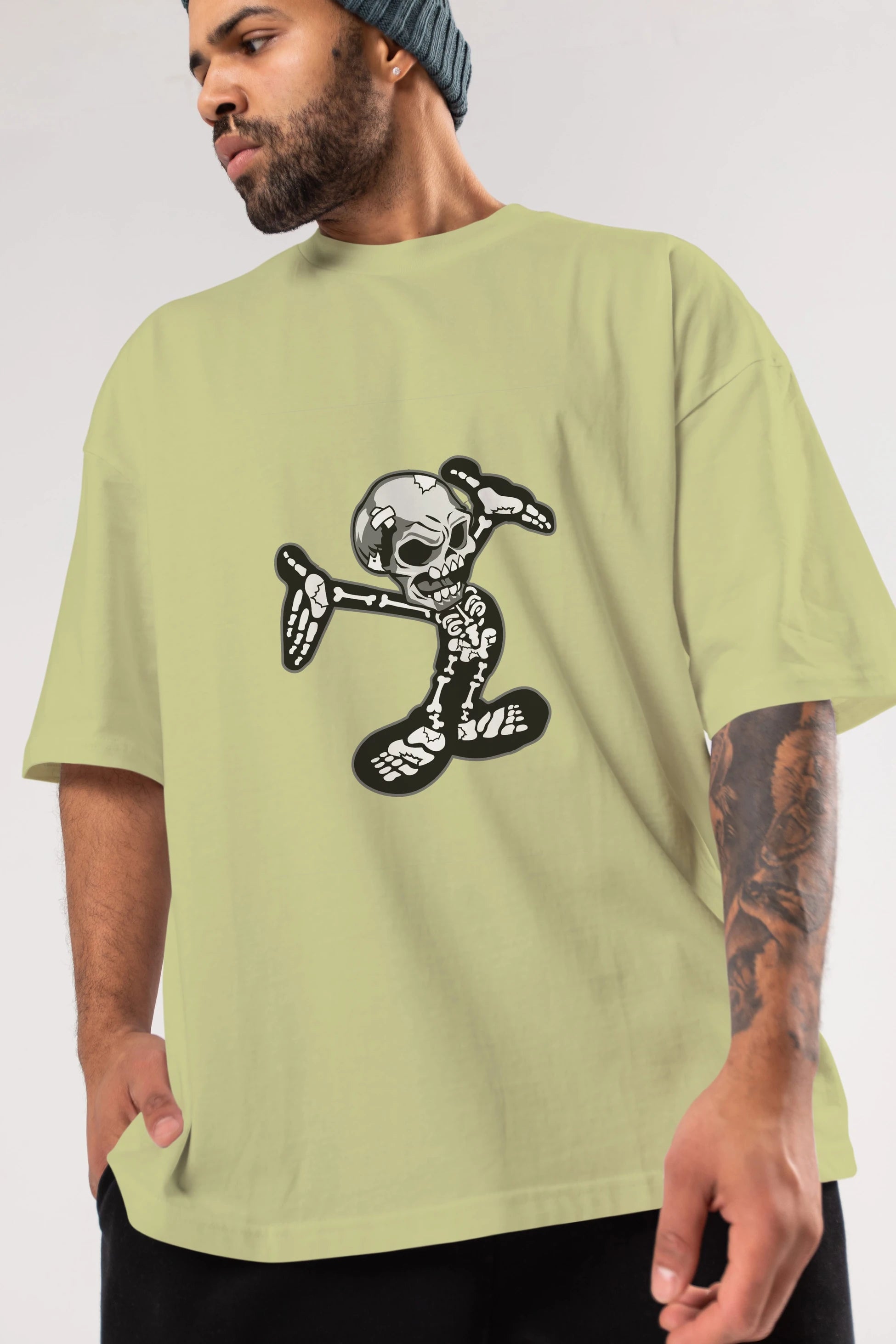 Skull Skeleton Ön Baskılı Oversize t-shirt Erkek Kadın Unisex %100 Pamuk tişort