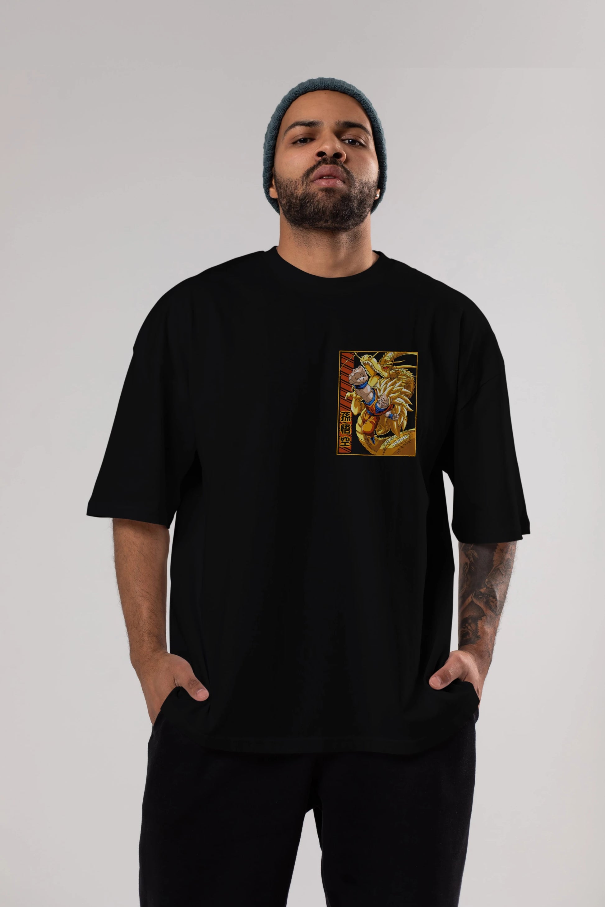 DragonBall Goku Ön Sol Baskılı Oversize t-shirt Erkek Kadın Unisex %100 Pamuk Bisiklet Yaka tişort