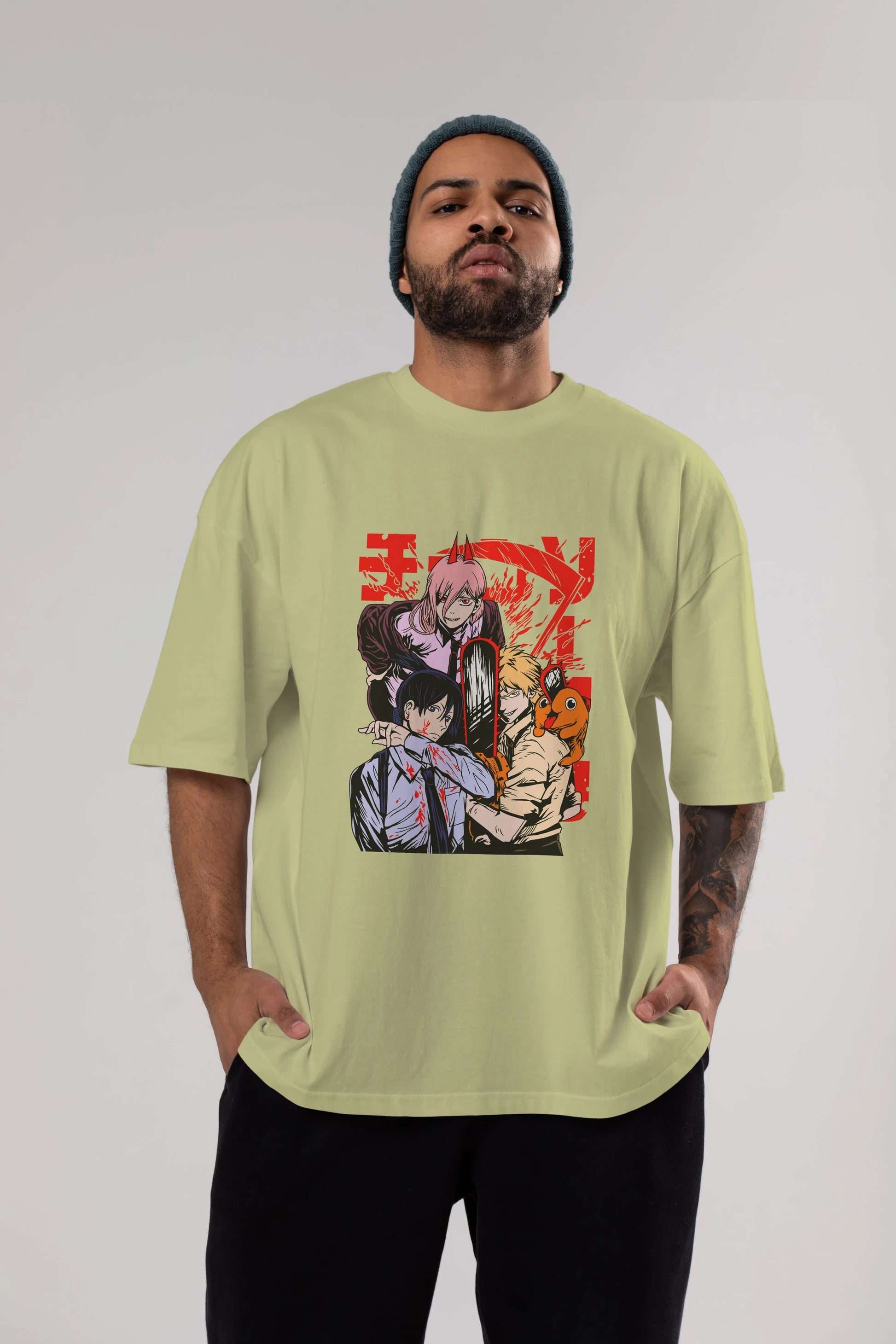 CHAINSAWMAN CREW Anime Ön Baskılı Oversize t-shirt %100 pamuk Erkek Kadın Unisex