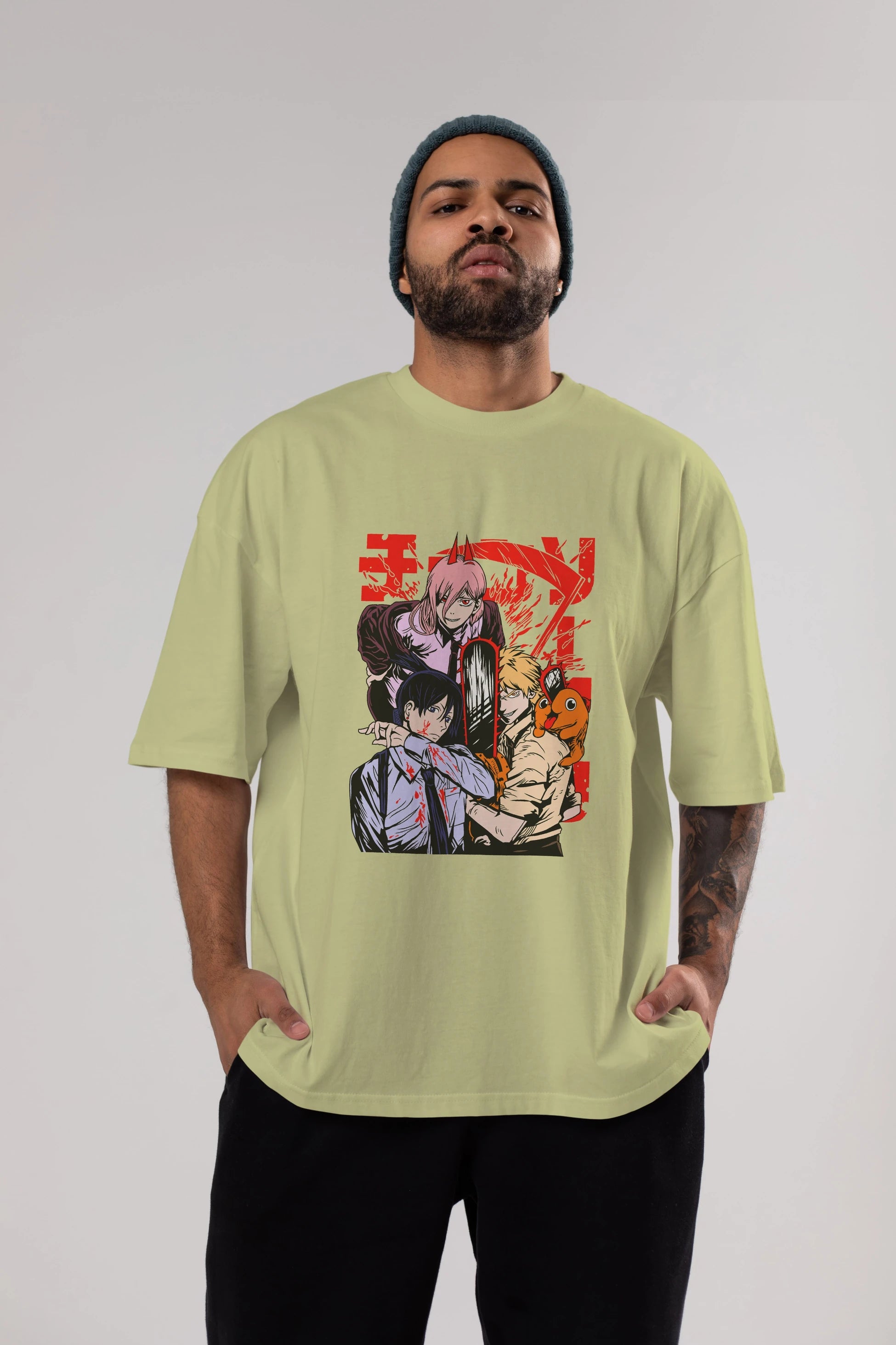 CHAINSAWMAN CREW Anime Ön Baskılı Oversize t-shirt %100 pamuk Erkek Kadın Unisex