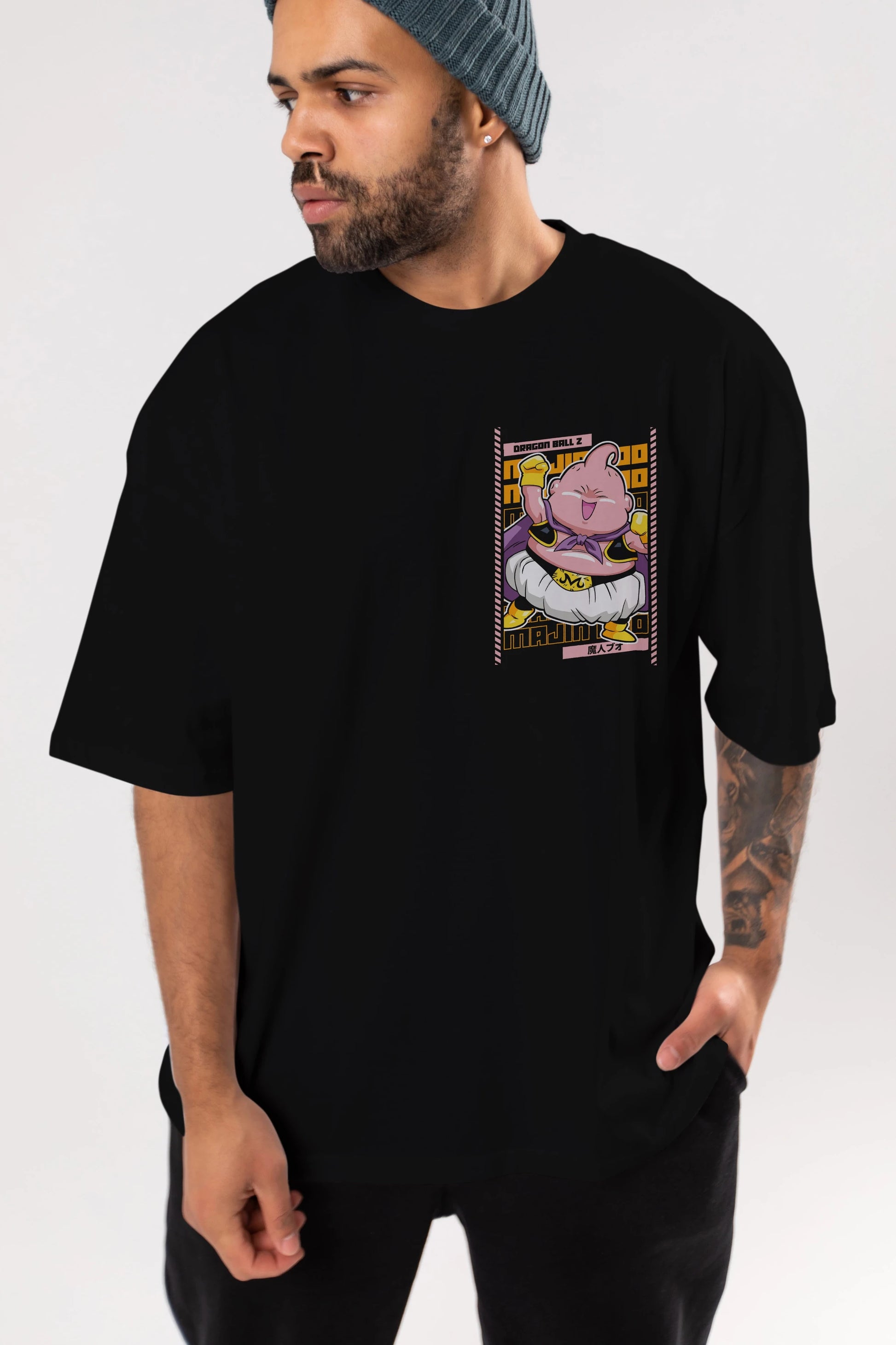 MAJIN BOO1 Ön Sol Baskılı Oversize t-shirt Erkek Kadın Unisex %100 Pamuk Bisiklet Yaka tişort
