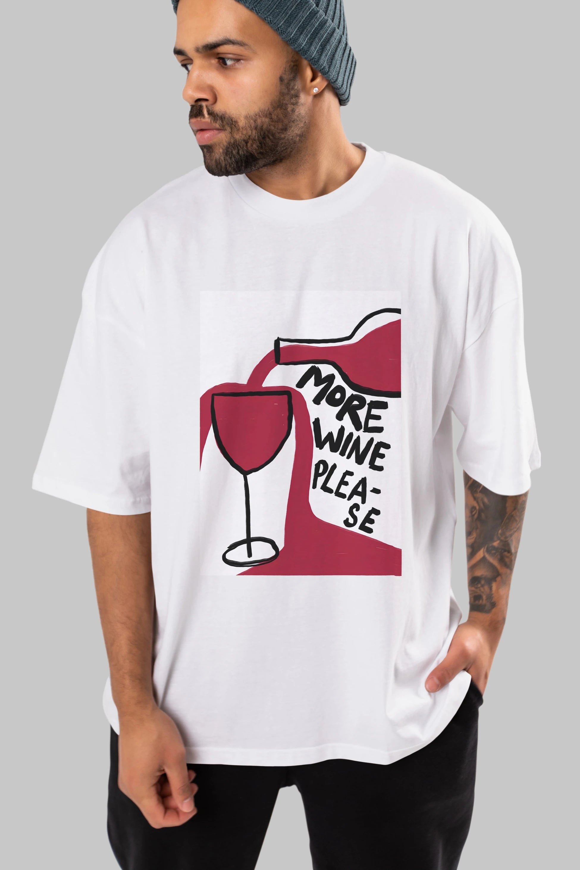 More Wine Please Ön Baskılı Oversize t-shirt Erkek Kadın Unisex %100 Pamuk Bisiklet Yaka tişort
