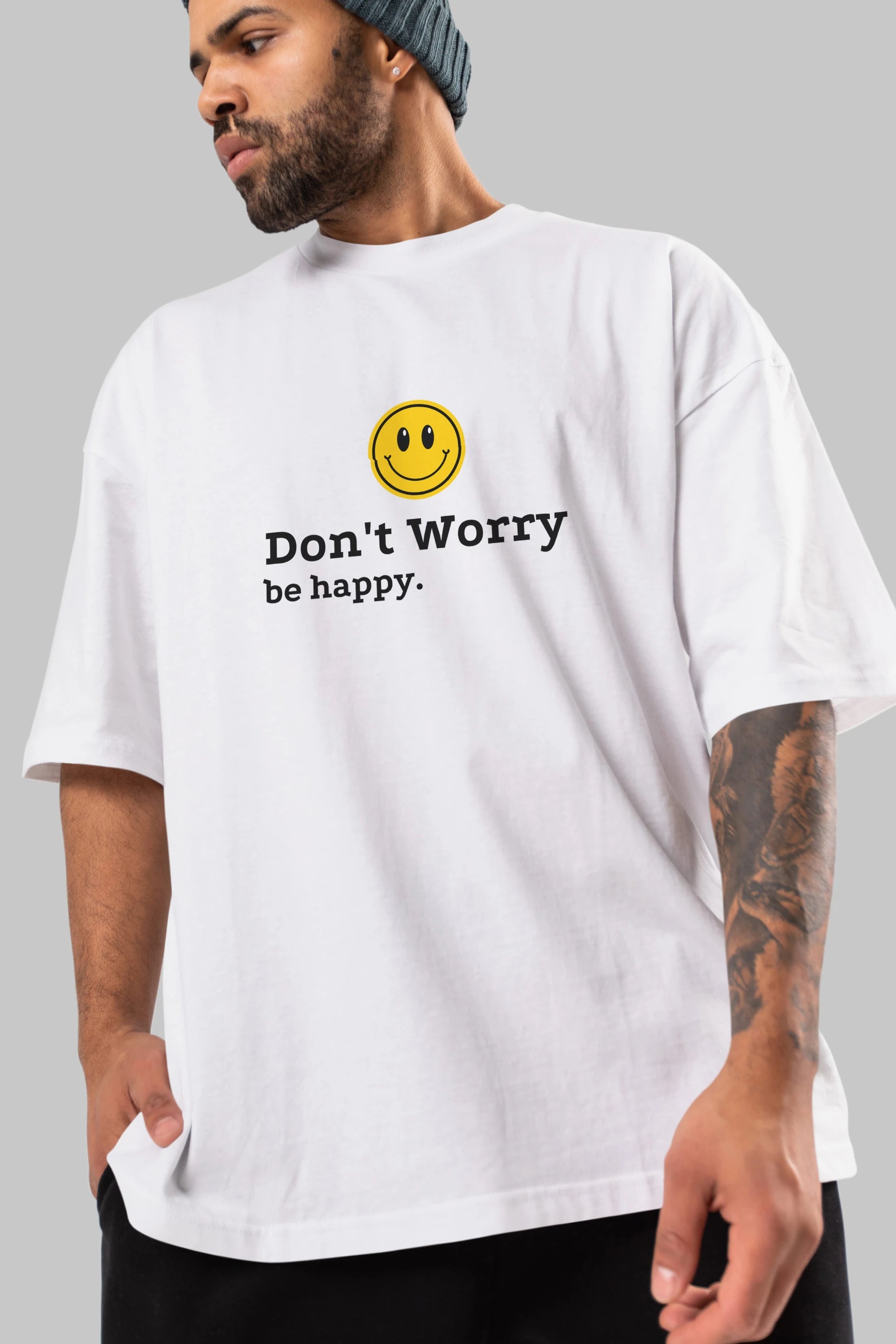 Don't Worry Be Happy Yazılı Ön Baskılı Oversize t-shirt Erkek Kadın Unisex