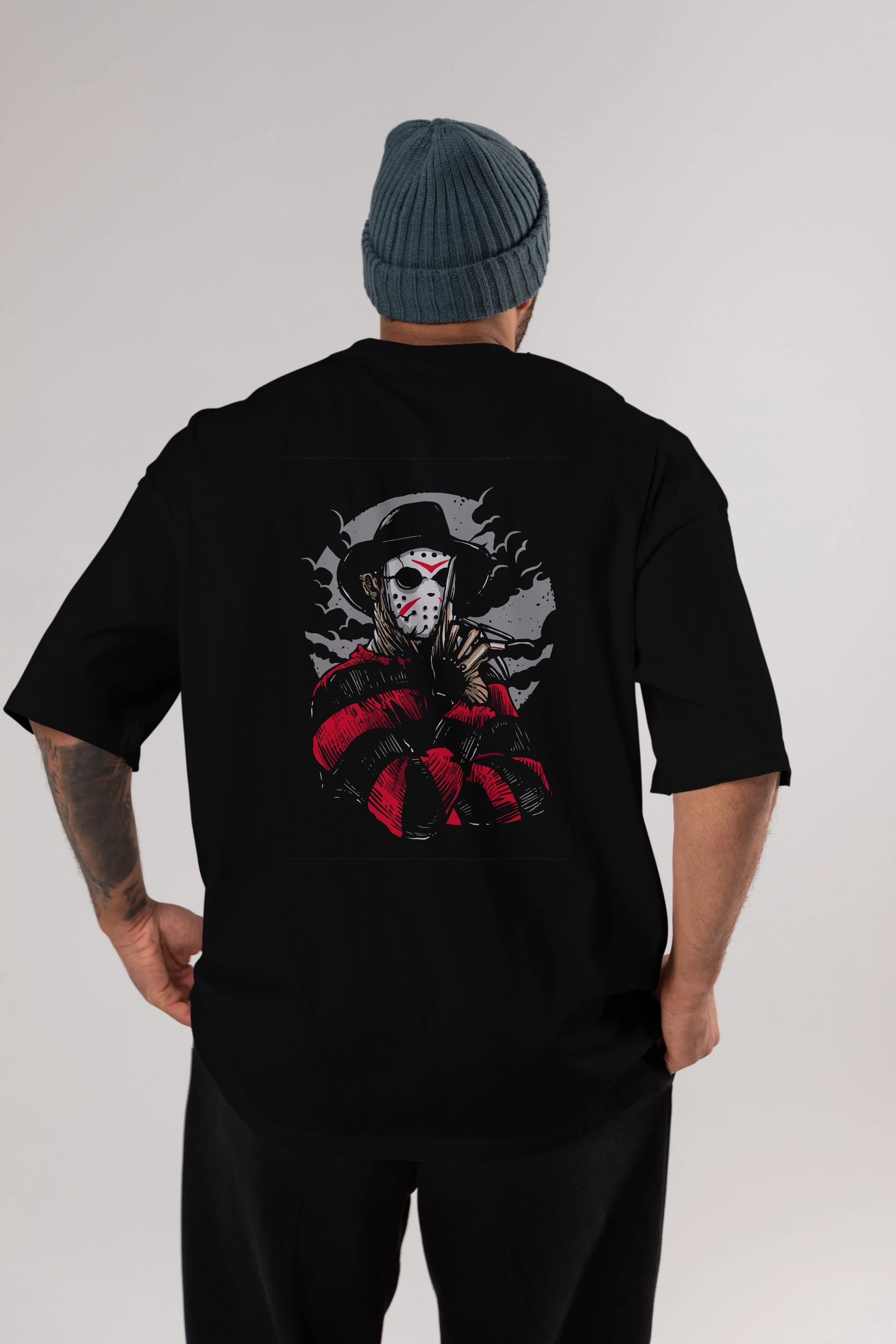Freddy VS Jason (2) Arka Baskılı Oversize t-shirt Erkek Kadın Unisex %100 Pamuk