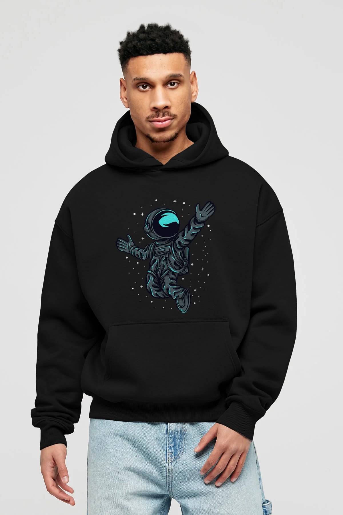 Happy Astronaut Ön Baskılı Hoodie Oversize Kapüşonlu Sweatshirt Erkek Kadın Unisex