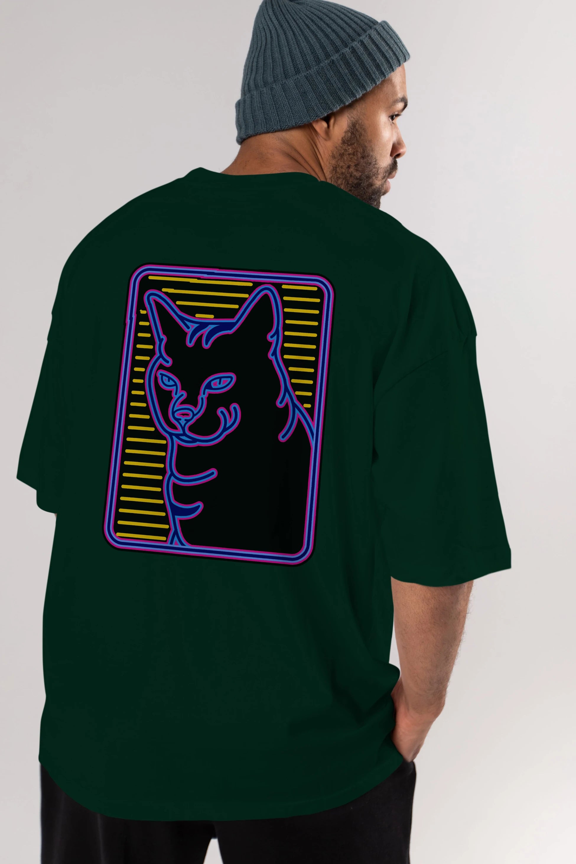 Neon Cat Arka Baskılı Oversize t-shirt Erkek Kadın Unisex
