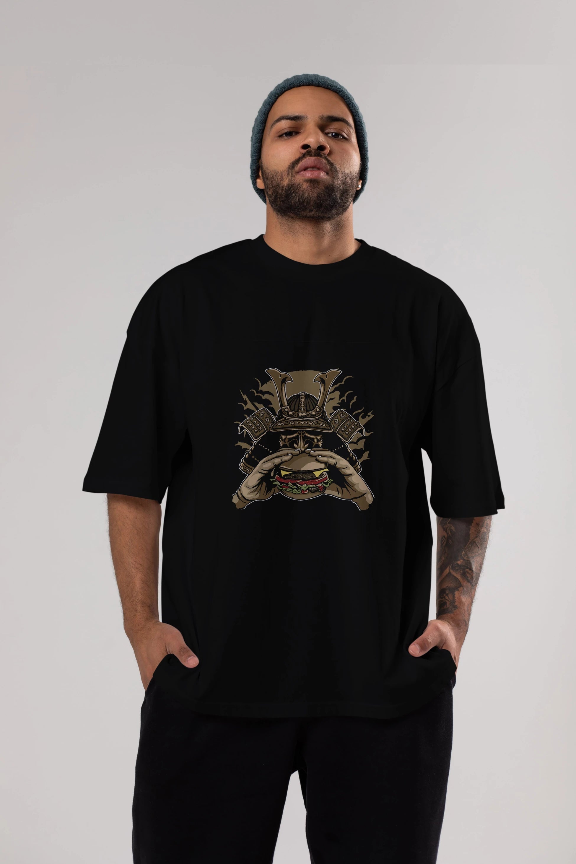 Samurai Burger Ön Baskılı Oversize t-shirt Erkek Kadın Unisex %100 Pamuk tişort