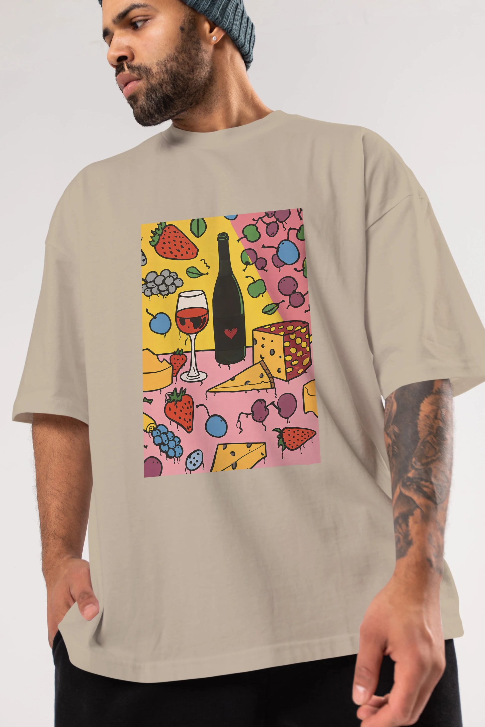 Wine Cheese Fruits Ön Baskılı Oversize t-shirt Erkek Kadın Unisex %100 Pamuk Bisiklet Yaka tişort