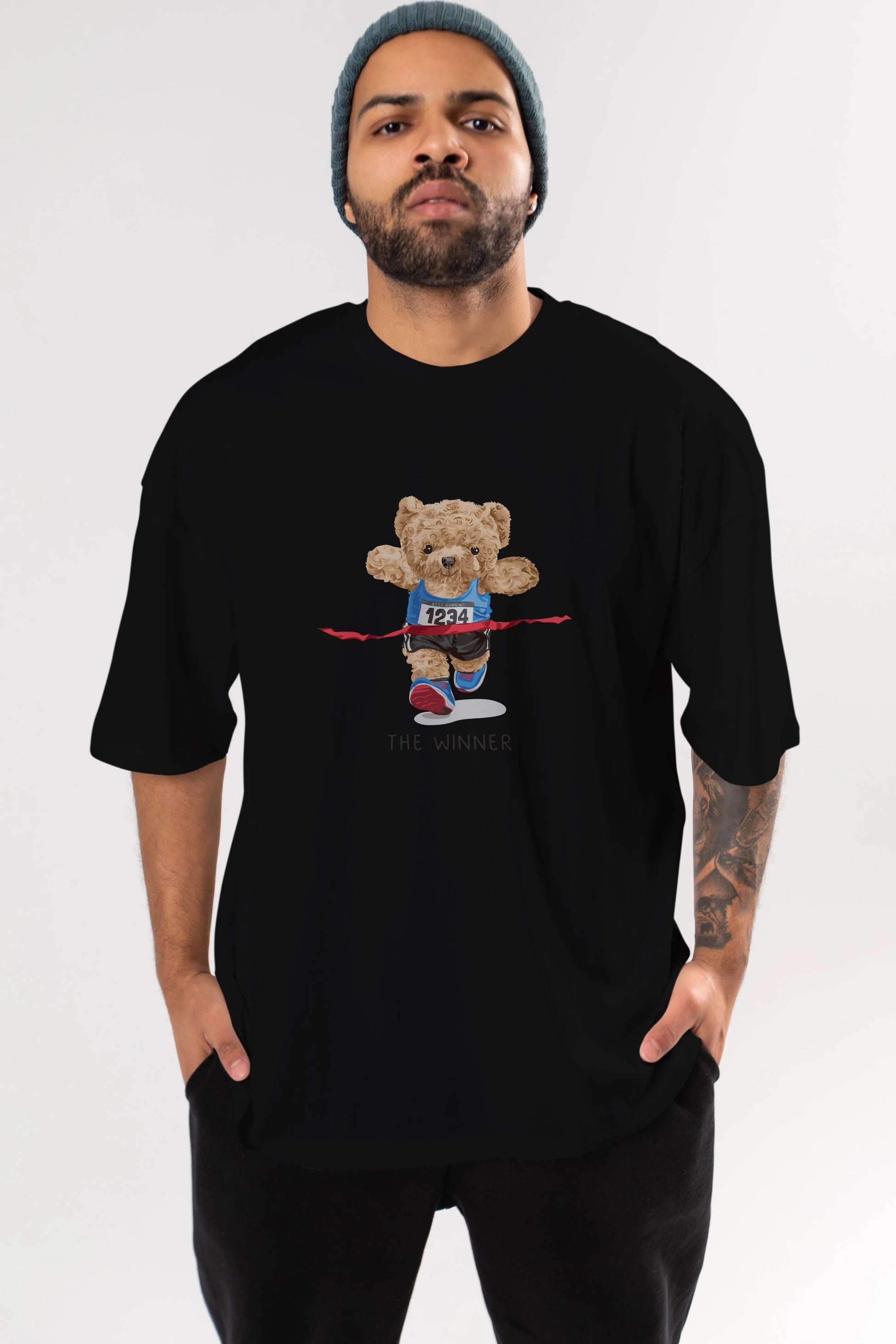 Teddy Bear The Winner Ön Baskılı Oversize t-shirt Erkek Kadın Unisex %100 Pamuk
