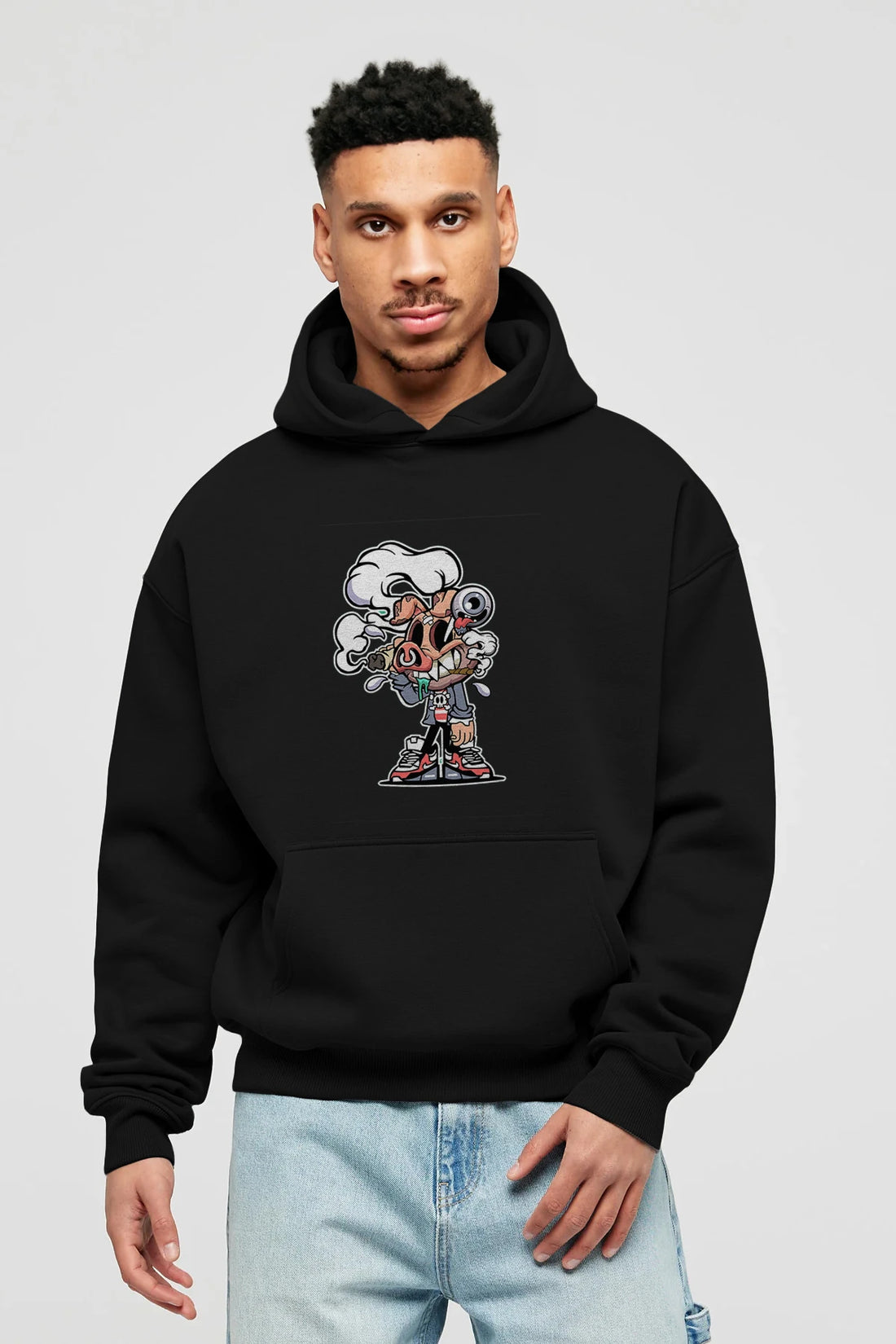 Pig Smoker Ön Baskılı Hoodie Oversize Kapüşonlu Sweatshirt Erkek Kadın Unisex