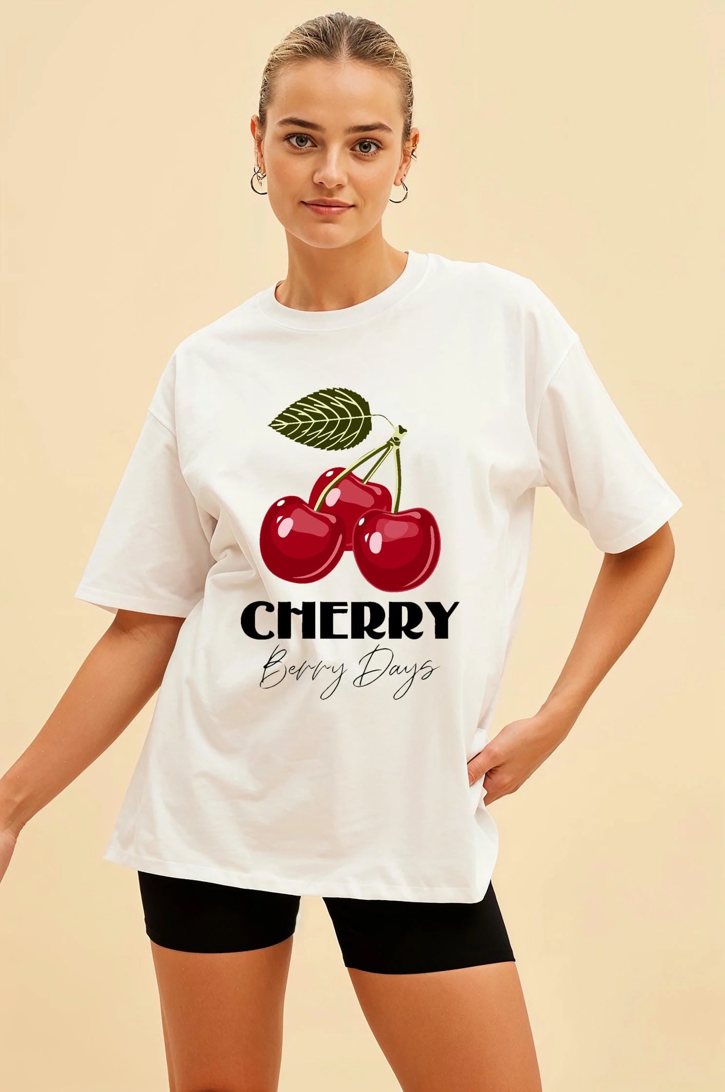 Cherry Cherries 12 Ön Baskılı Oversize t-shirt Erkek Kadın Pamuk Bisiklet Yaka tişort