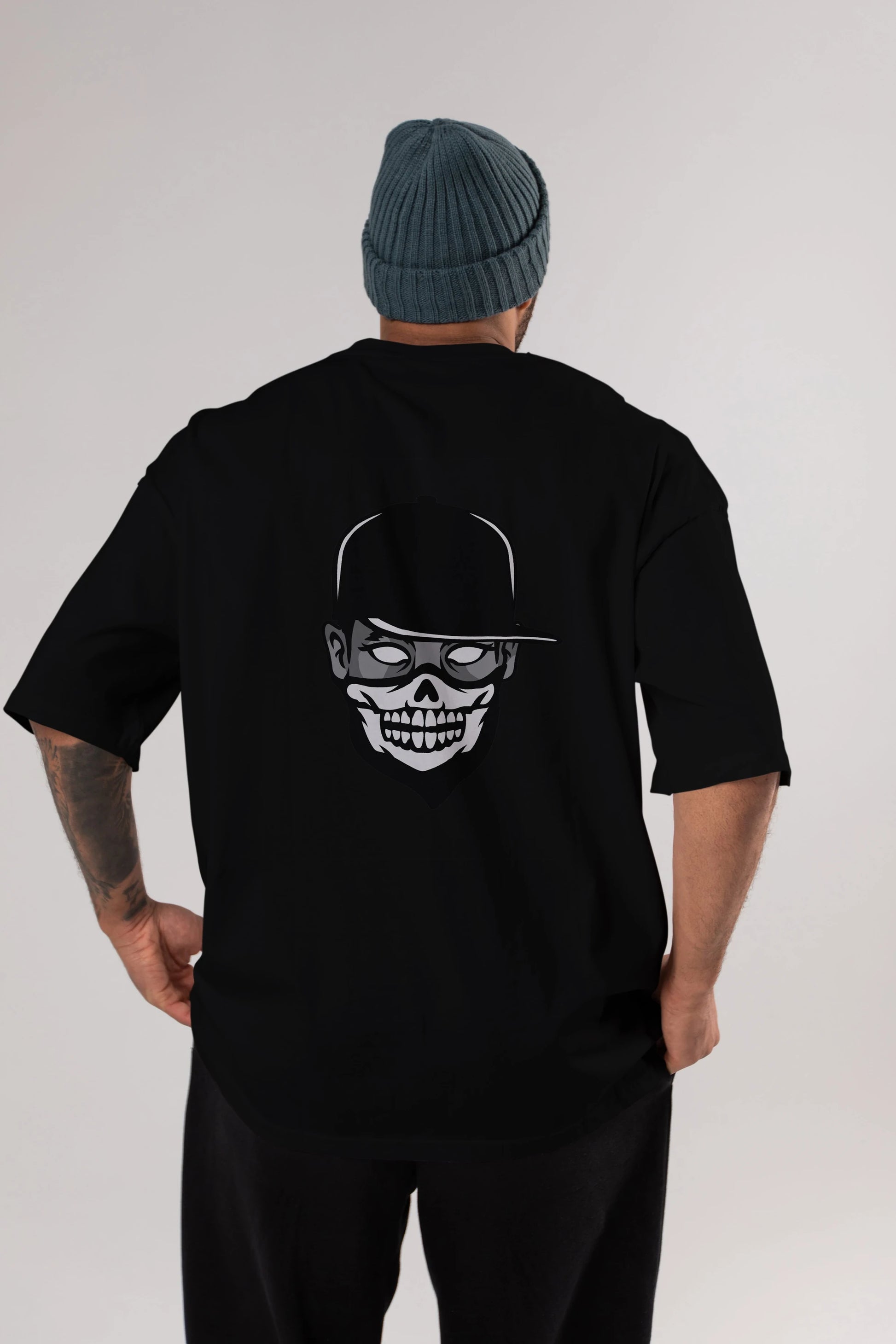 Skull Mask Arka Baskılı Oversize t-shirt Erkek Kadın Unisex %100 Pamuk tişort