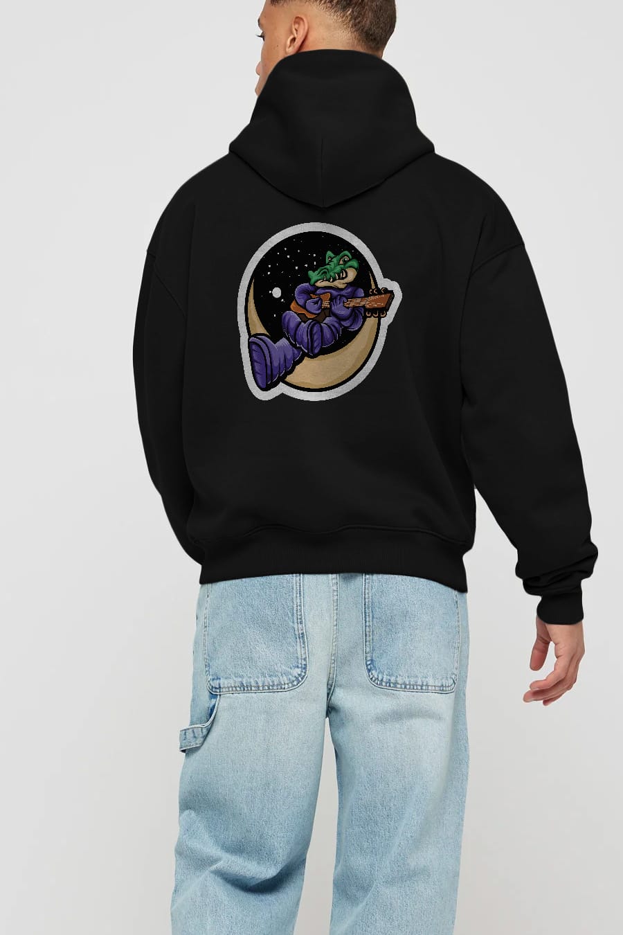 Space Crocodile Sticker Arka Baskılı Hoodie Oversize Kapüşonlu Sweatshirt Erkek Kadın Unisex