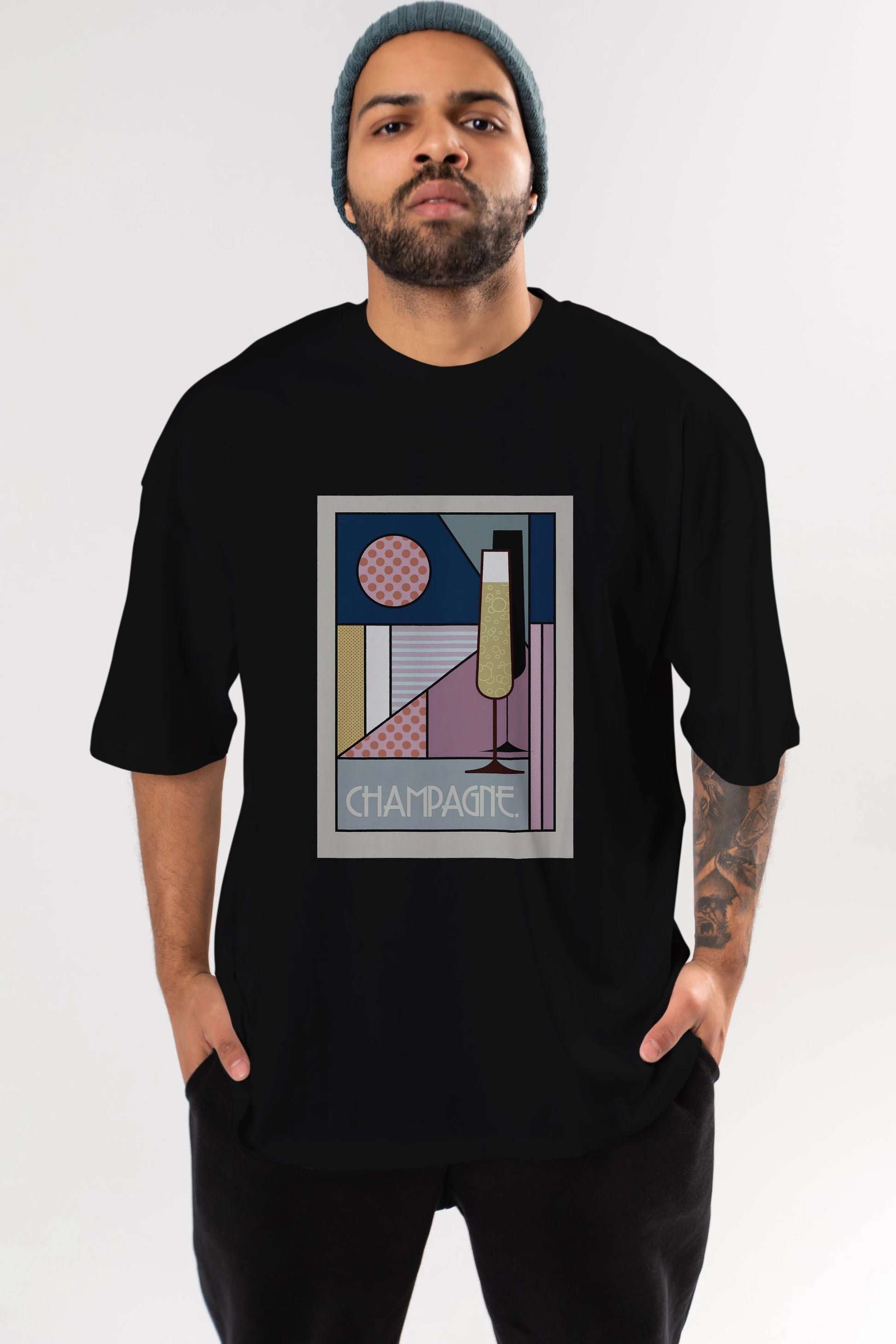 Champagne Ön Baskılı Oversize t-shirt Erkek Kadın Unisex %100 Pamuk Bisiklet Yaka tişort