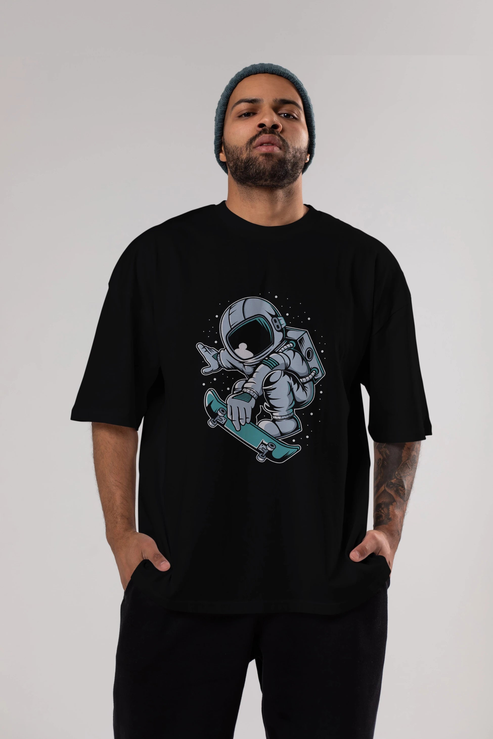 Astronaut Skateboard Jump Ön Baskılı Oversize t-shirt Erkek Kadın Unisex