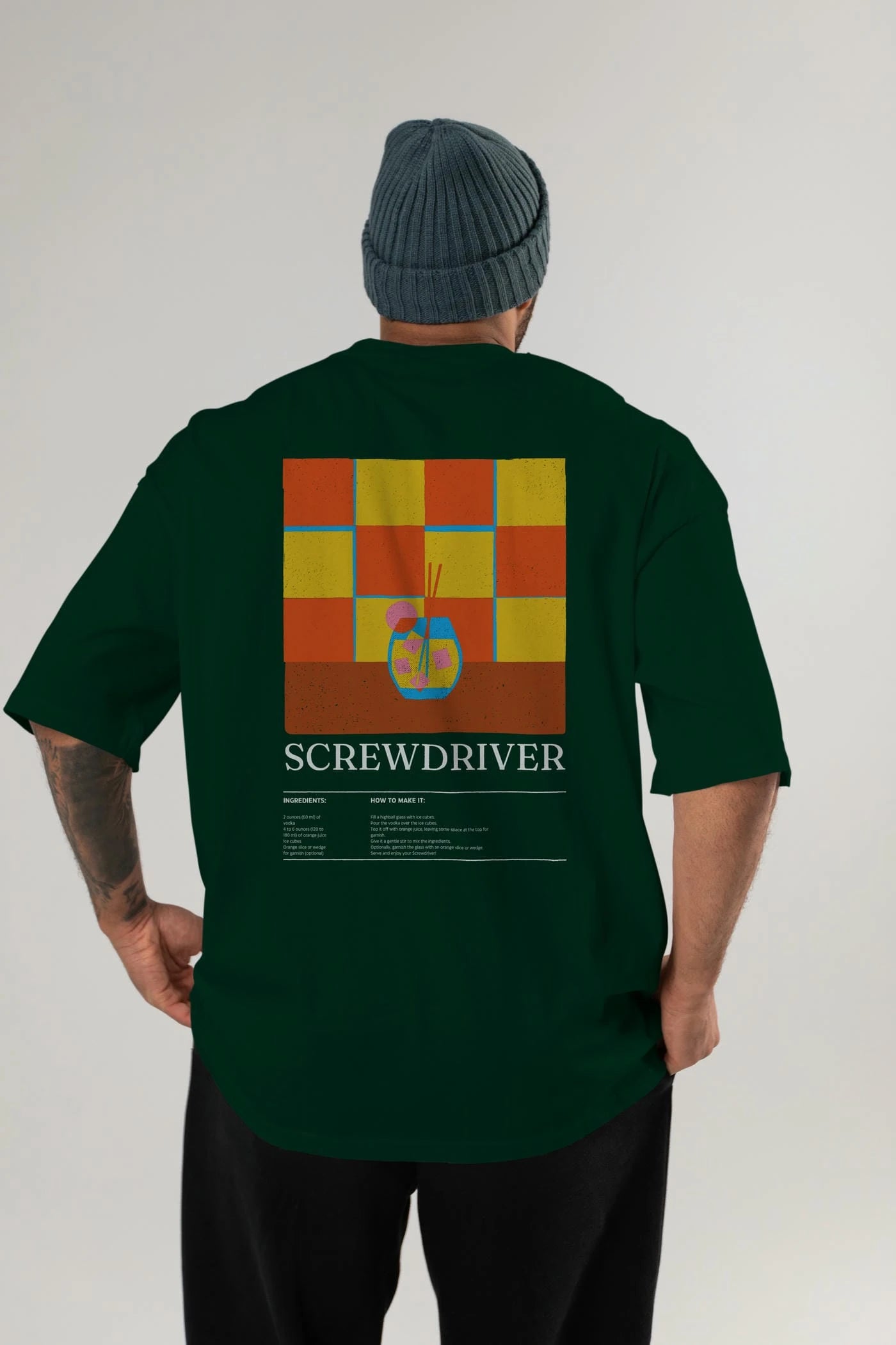 Screwdriver Kokteyl Serisi Arka Baskılı Oversize t-shirt Erkek Kadın %100 Pamuk Bisiklet Yaka tişort