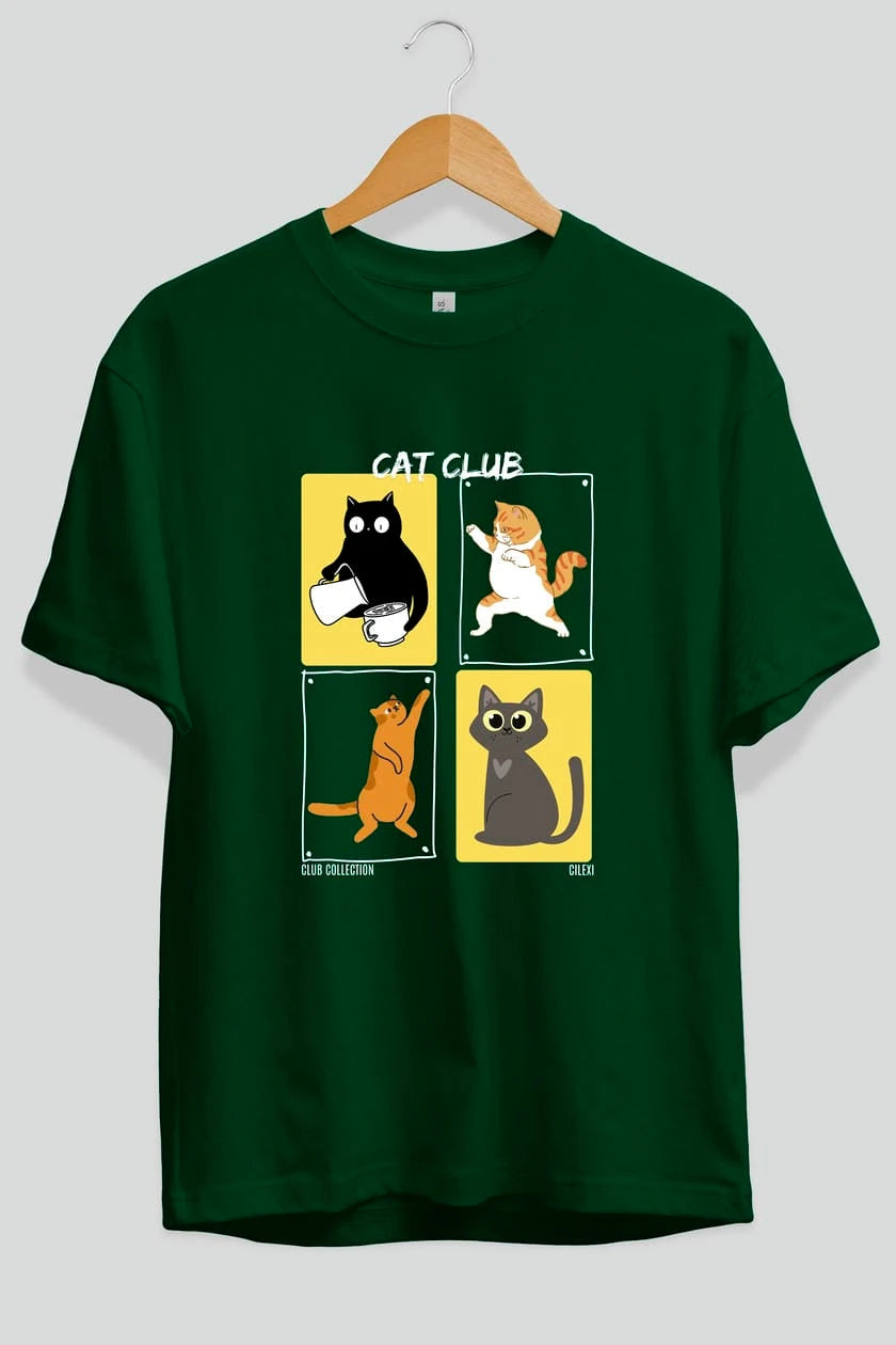 Cat Club ön Baskılı Oversize t-shirt Erkek Kadın %100 Pamuk Bisiklet Yaka tişort