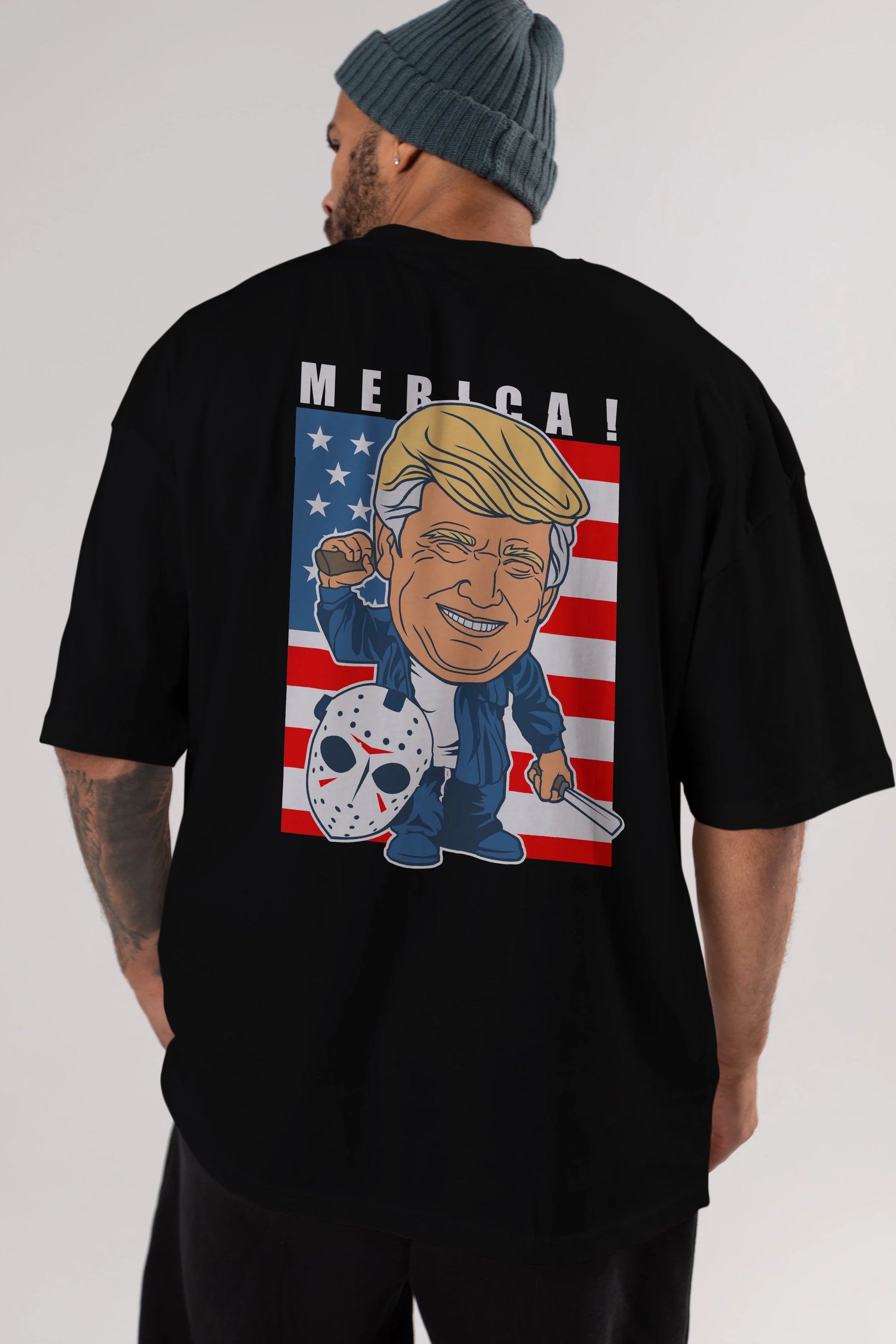 Jason Voorhess Trump Arka Baskılı Oversize t-shirt Erkek Kadın Unisex %100 Pamuk tişort