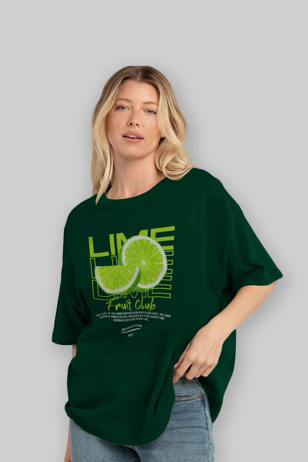Lime Ön Baskılı Oversize t-shirt Erkek Kadın Pamuk Bisiklet Yaka tişort