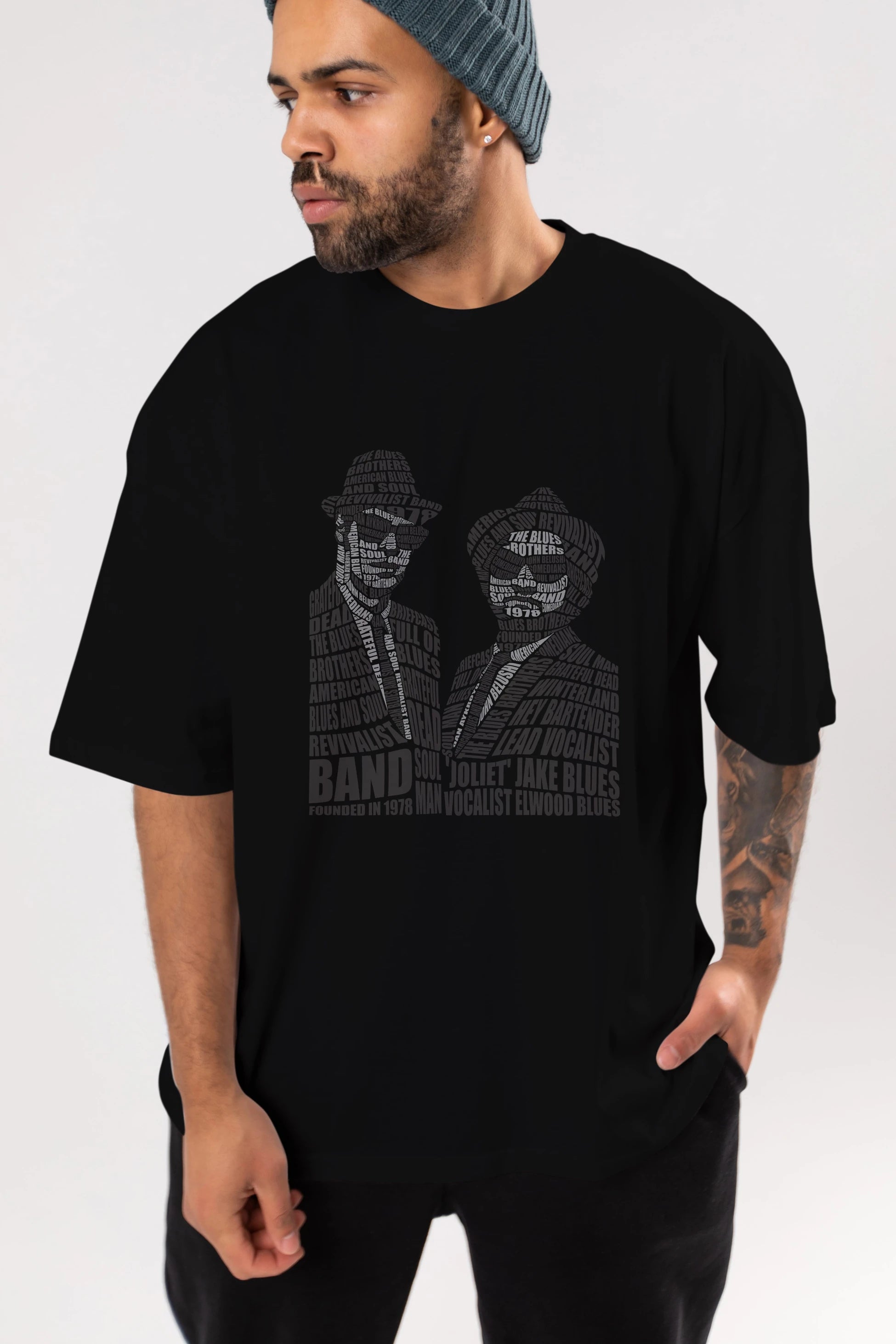 Blues Brothers Calligram Ön Baskılı Oversize t-shirt %100 pamuk Erkek Kadın Unisex