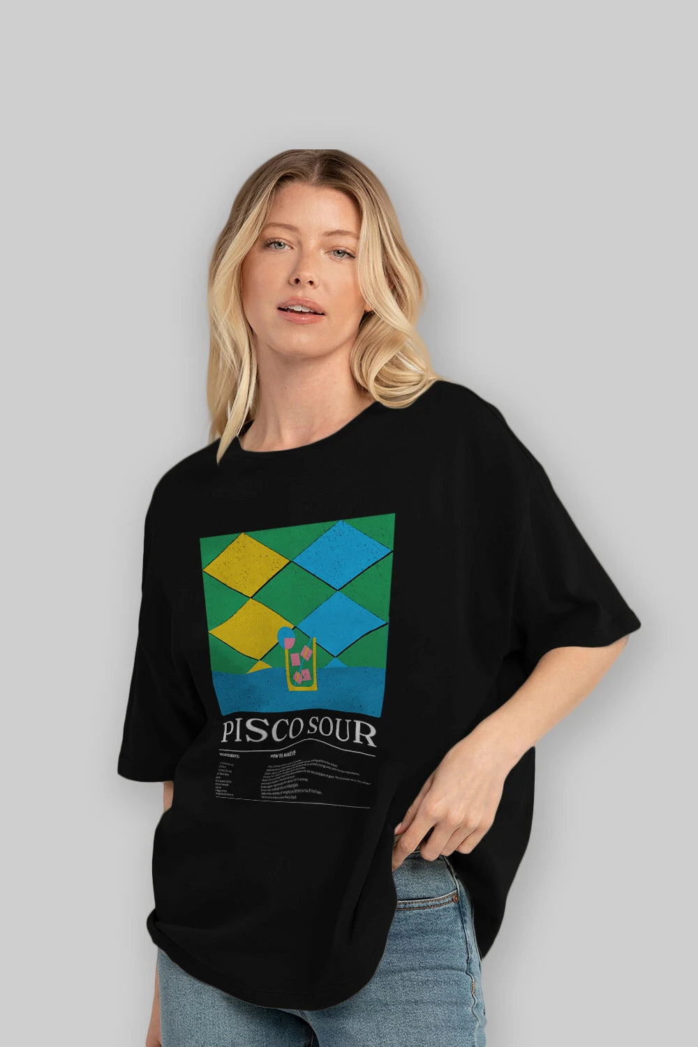 Pisco Sour Kokteyl Ön Baskılı Oversize t-shirt Erkek Kadın %100 Pamuk Bisiklet Yaka tişort
