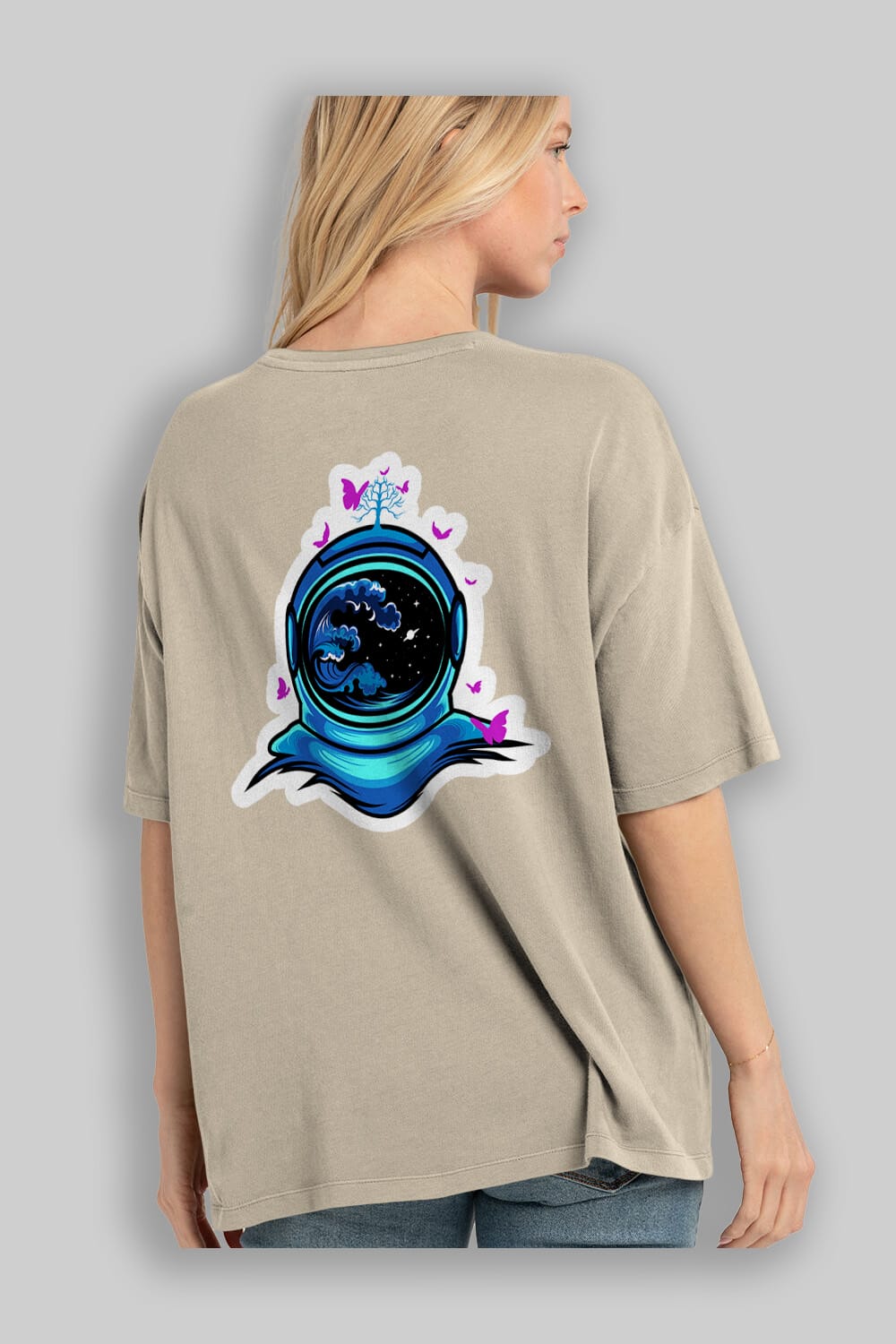 Astronaut and Butterfly Sticker Arka Baskılı Oversize t-shirt Erkek Kadın Unisex