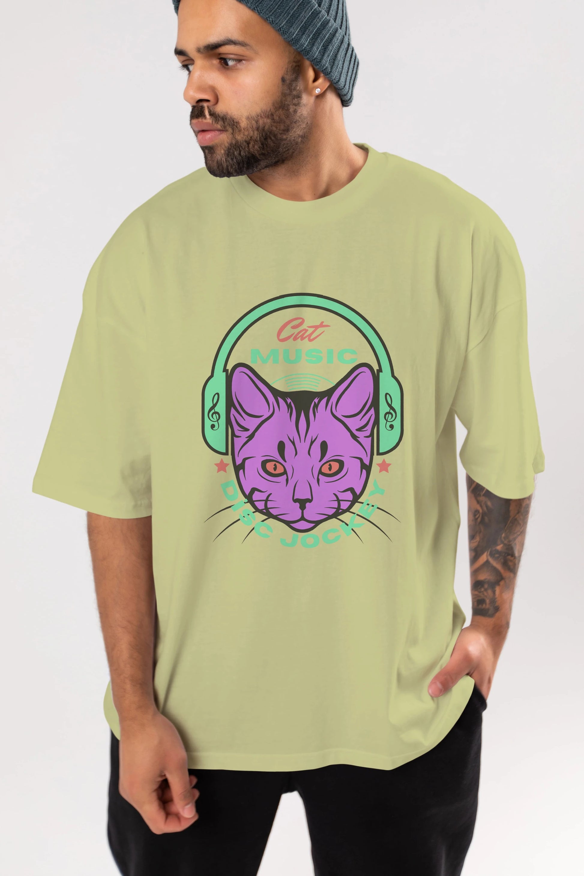 Cat Music Ön Baskılı Oversize t-shirt Erkek Kadın Unisex