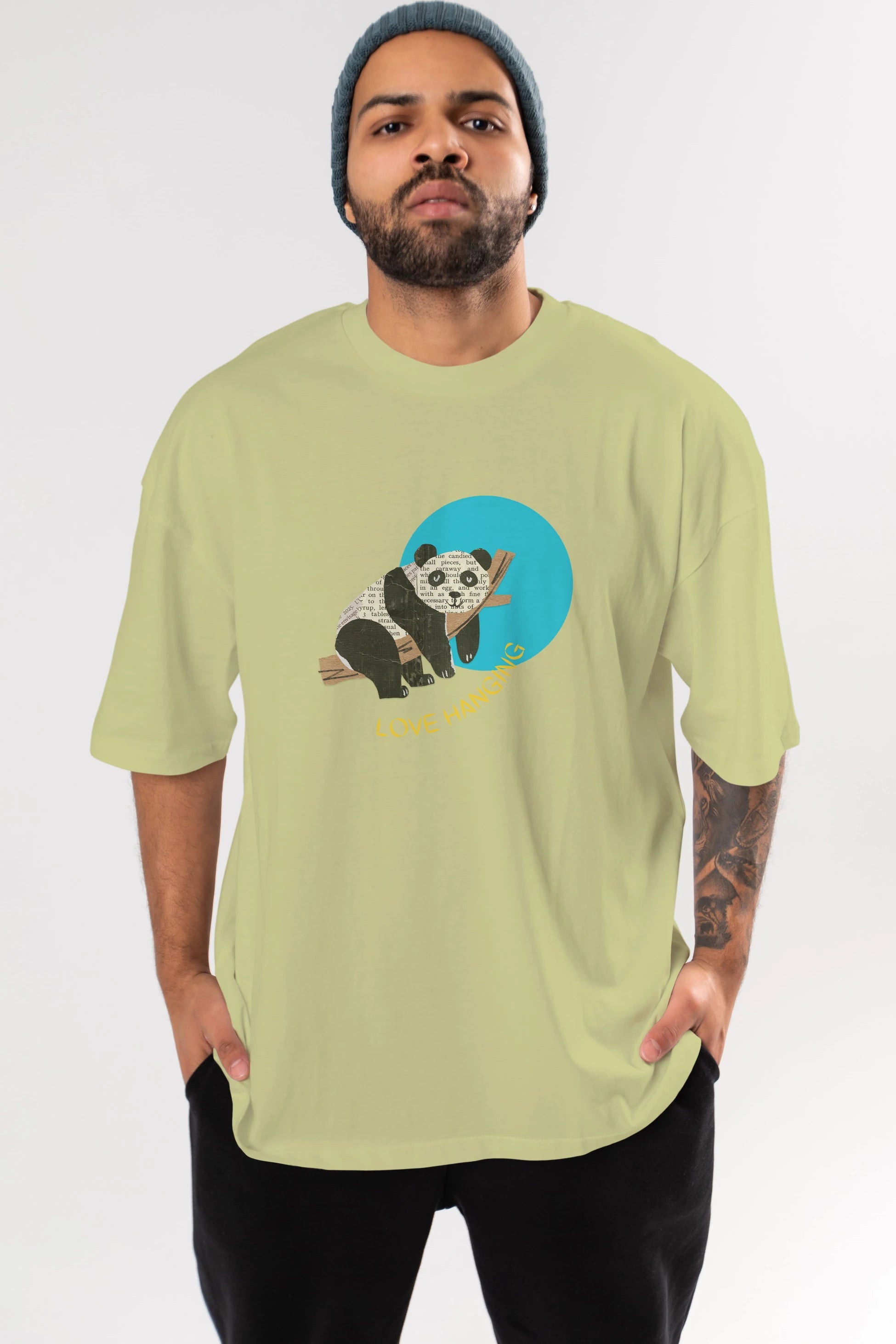 Panda Love Hanging Ön Baskılı Oversize t-shirt Erkek Kadın Unisex