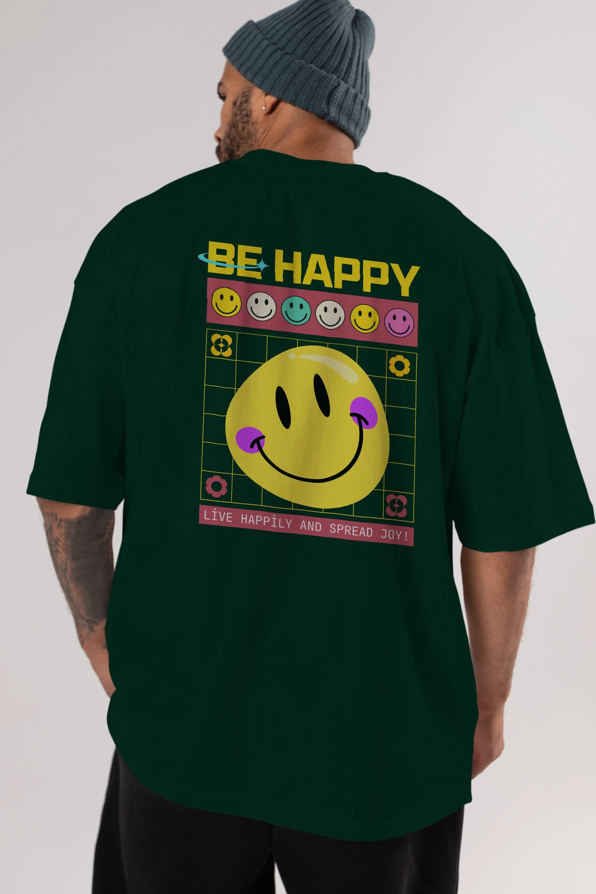 Be Happy Yazılı Arka Baskılı Oversize t-shirt Erkek Kadın Unisex