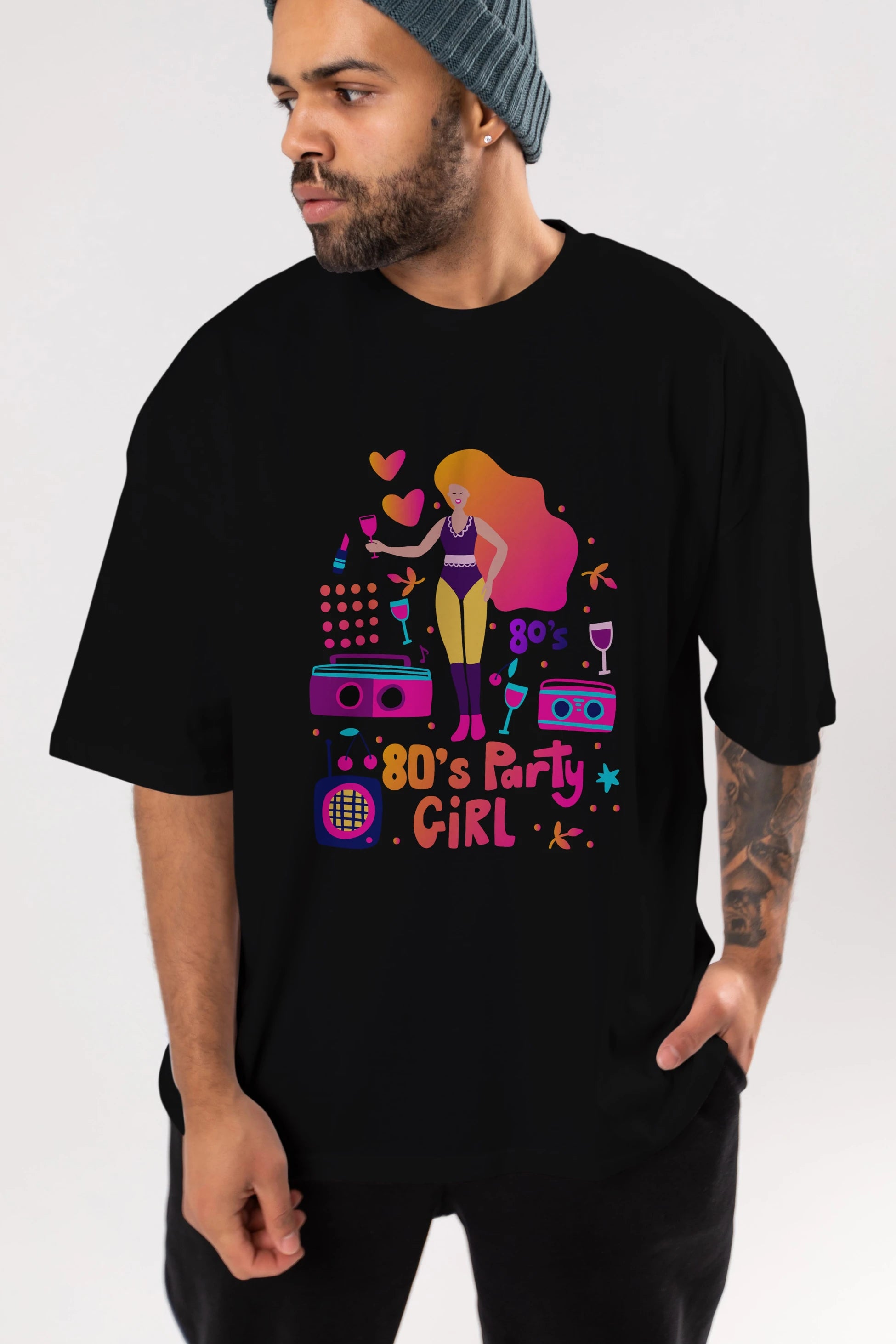 Retro Girl Party Ön Baskılı Oversize t-shirt Erkek Kadın Unisex