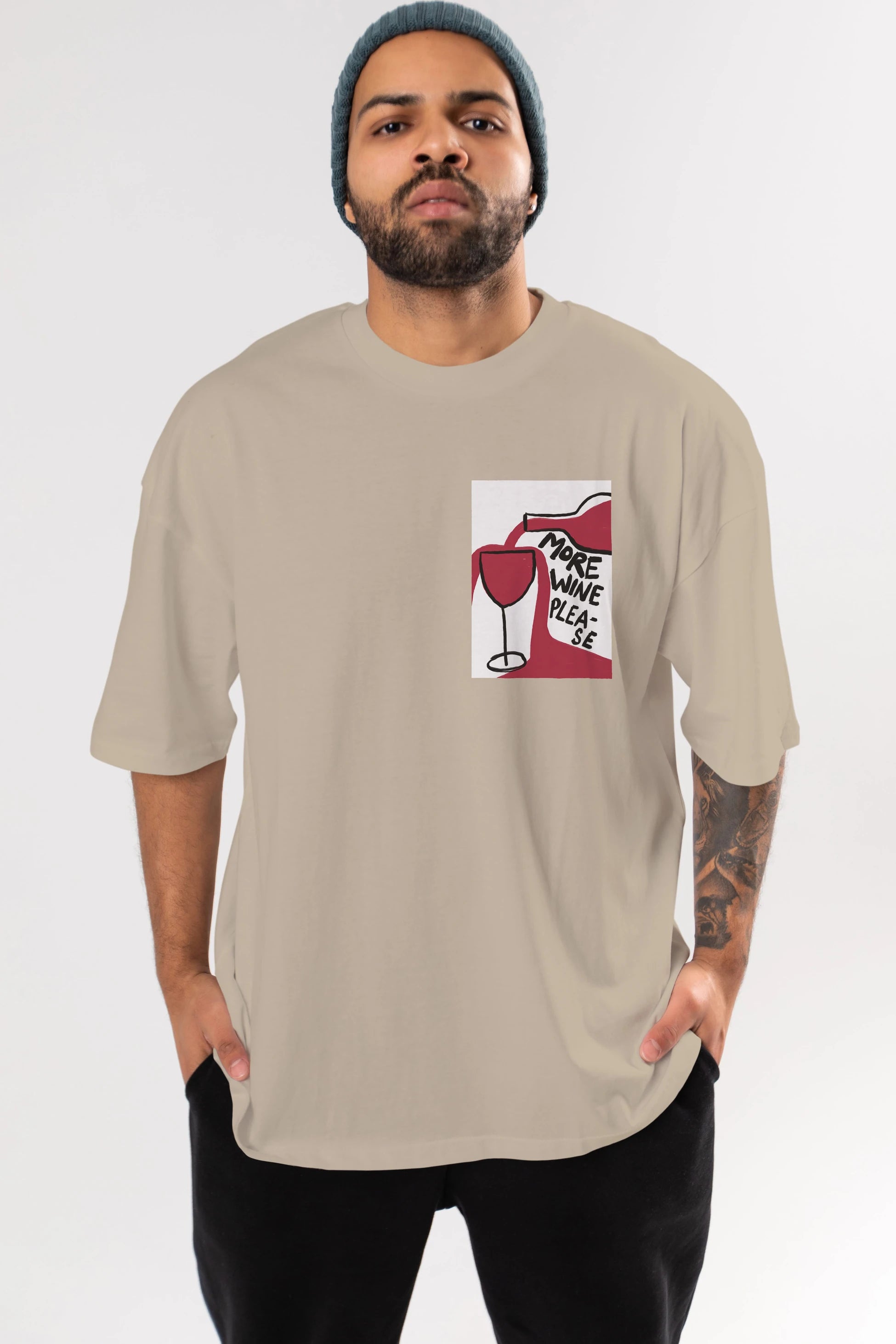 More Wine Please Ön Sol Baskılı Oversize t-shirt Erkek Kadın Unisex %100 Pamuk Bisiklet Yaka tişort