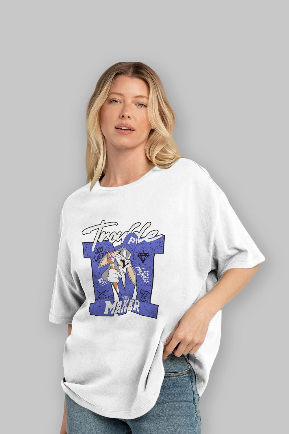 Bugs Bunny Ön Baskılı Oversize t-shirt Erkek Kadın Unisex %100 Pamuk Bisiklet Yaka tişort