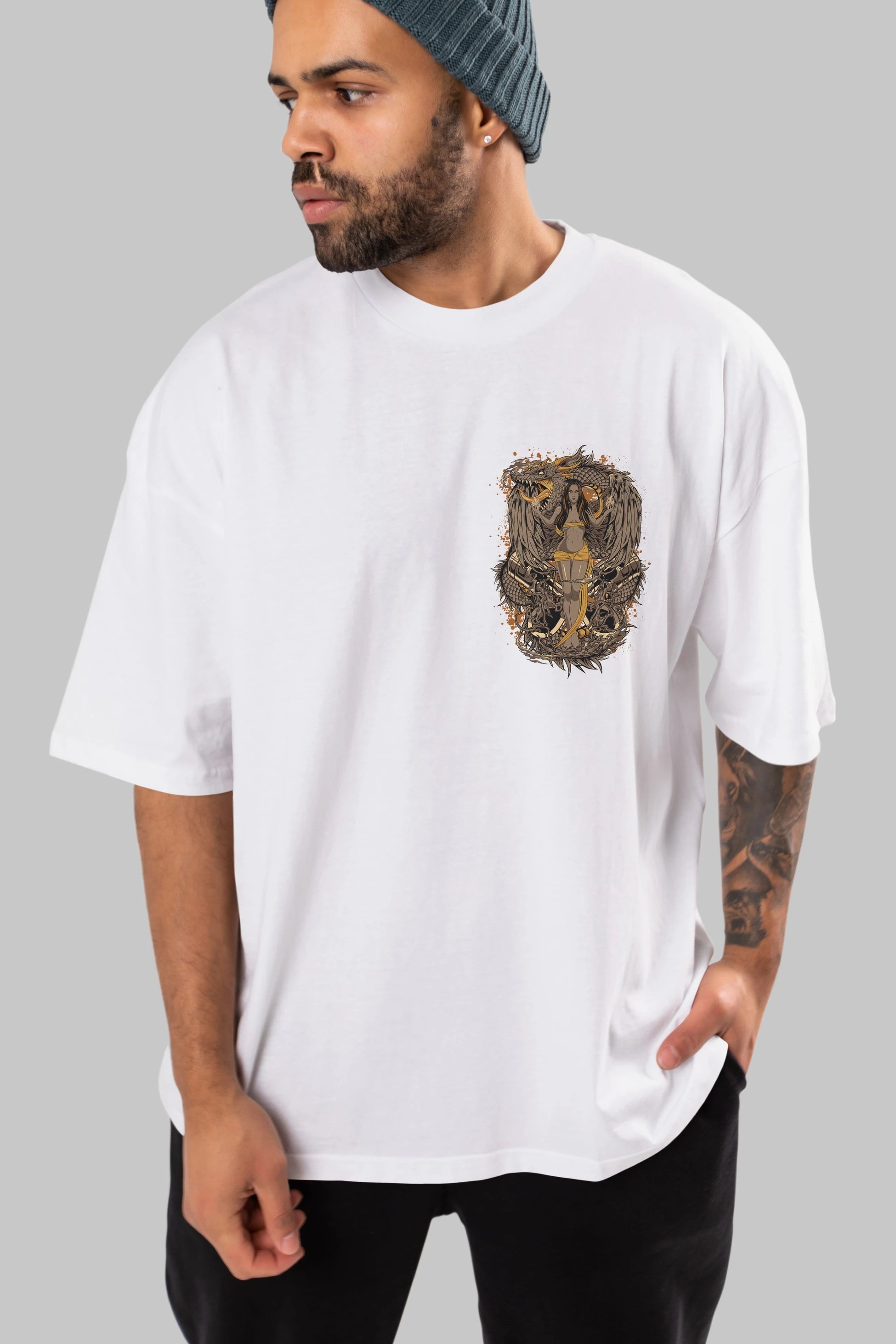 TRIBAL (3) Ön Sol Baskılı Oversize t-shirt Erkek Kadın Unisex %100 Pamuk Bisiklet Yaka tişort