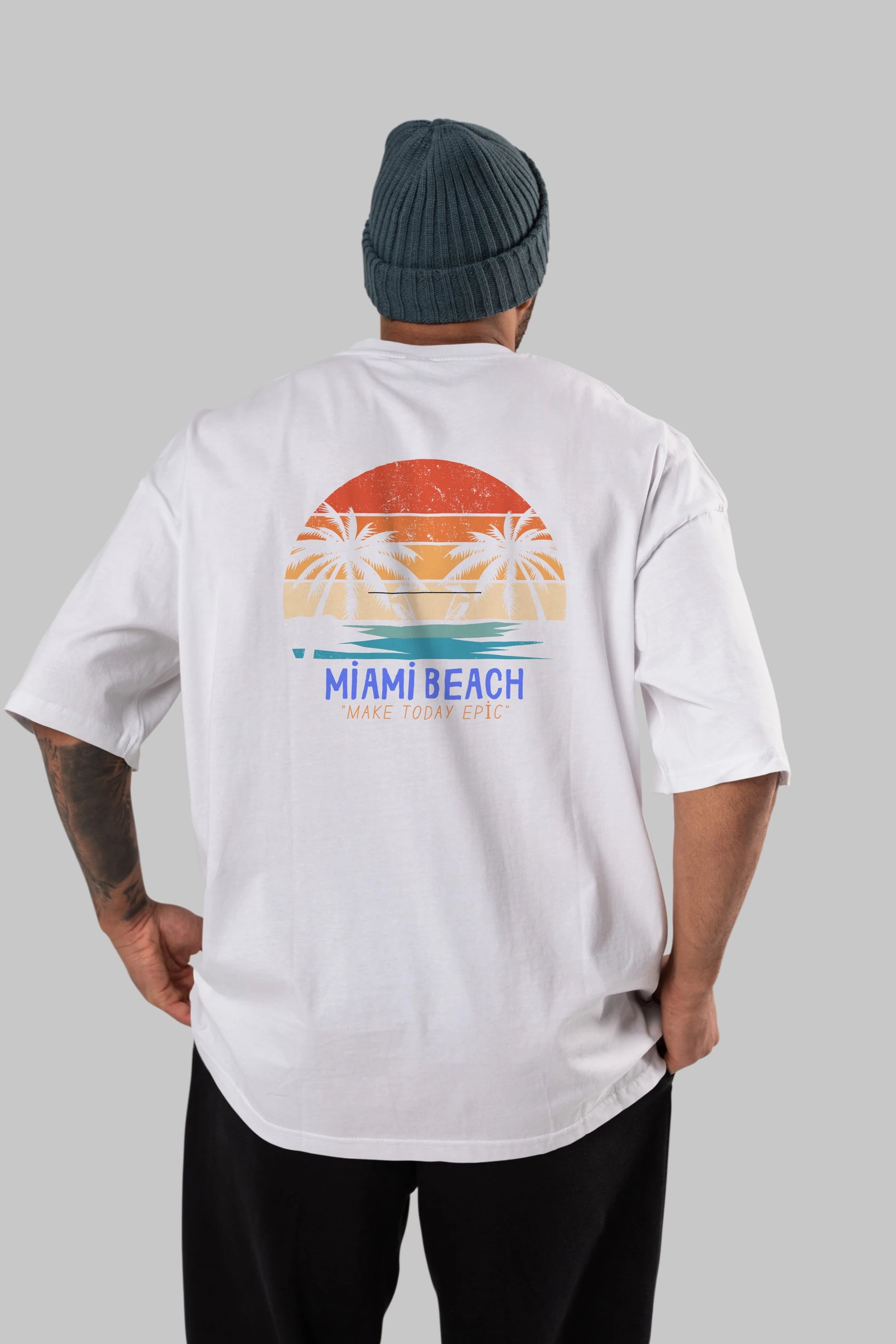 Miami Beach Yazılı Arka Baskılı Oversize t-shirt Erkek Kadın Unisex