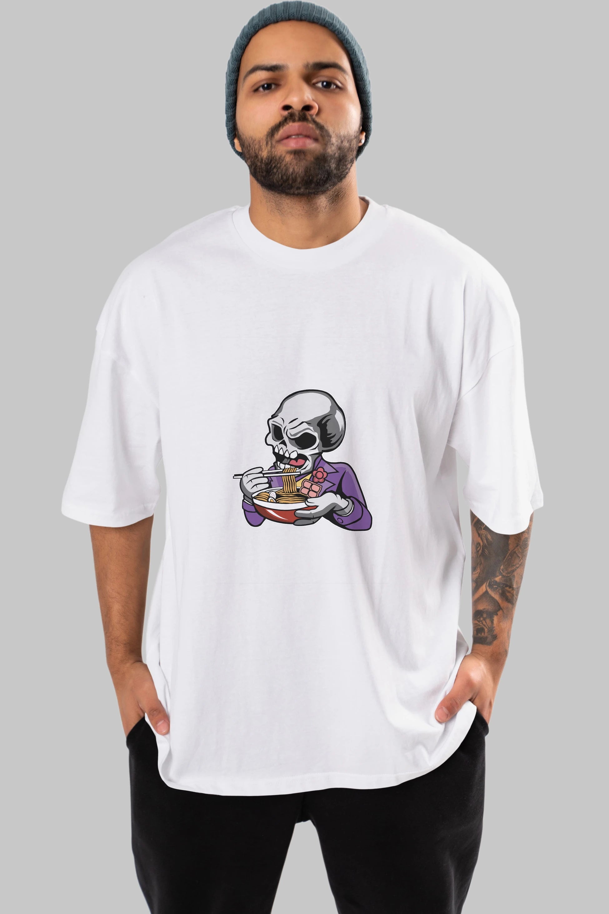 Skull Ramen Ön Baskılı Oversize t-shirt Erkek Kadın Unisex %100 Pamuk tişort