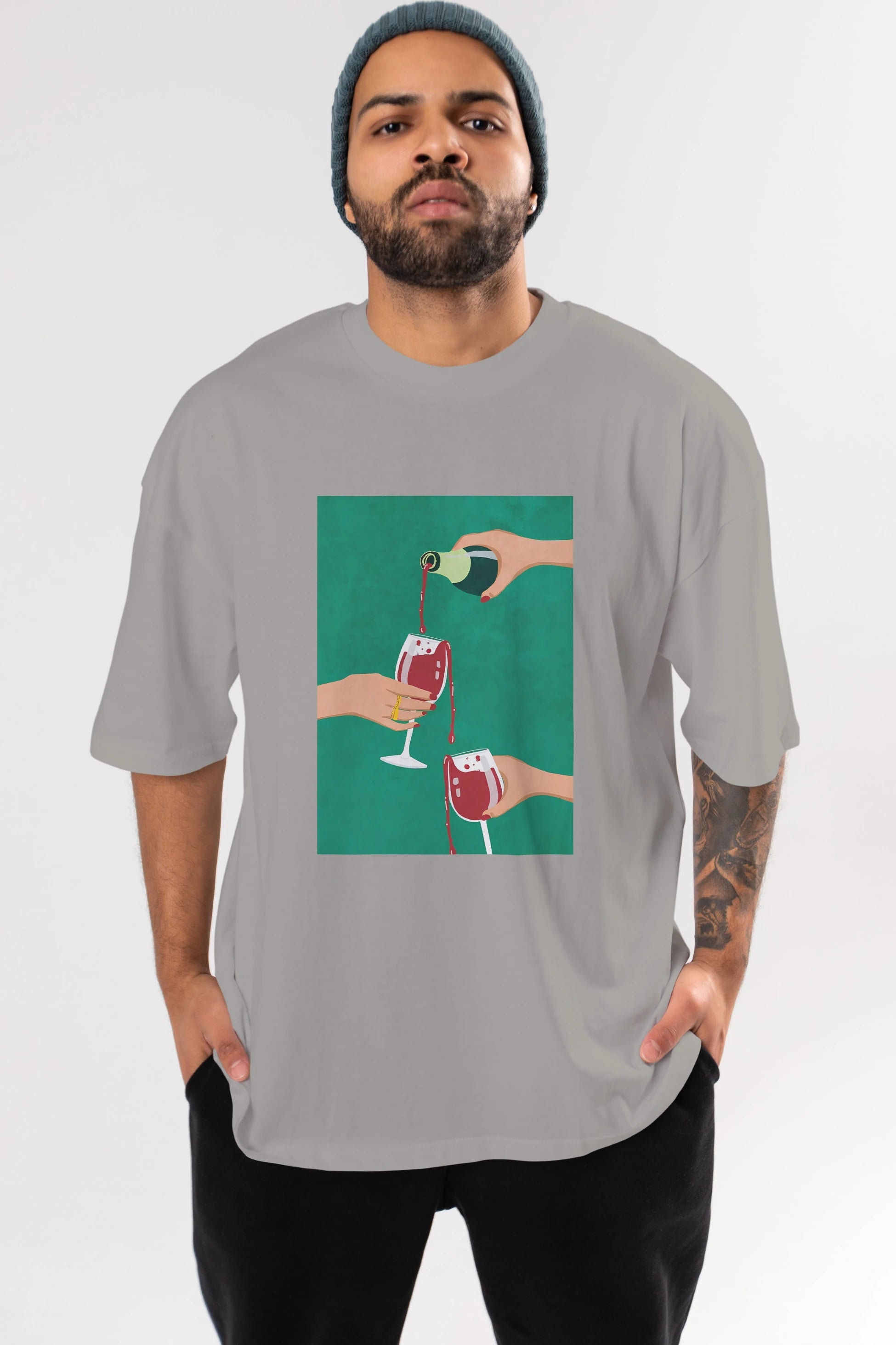 Wine 2 Ön Baskılı Oversize t-shirt Erkek Kadın Unisex %100 Pamuk Bisiklet Yaka tişort