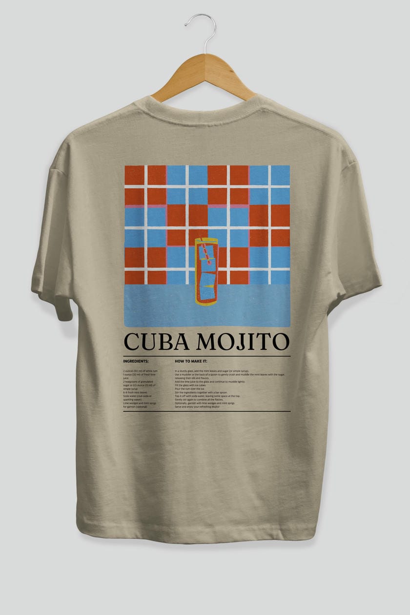 Cuba Mojıto Kokteyl Serisi Arka Baskılı Oversize t-shirt Erkek Kadın %100 Pamuk Bisiklet Yaka tişort